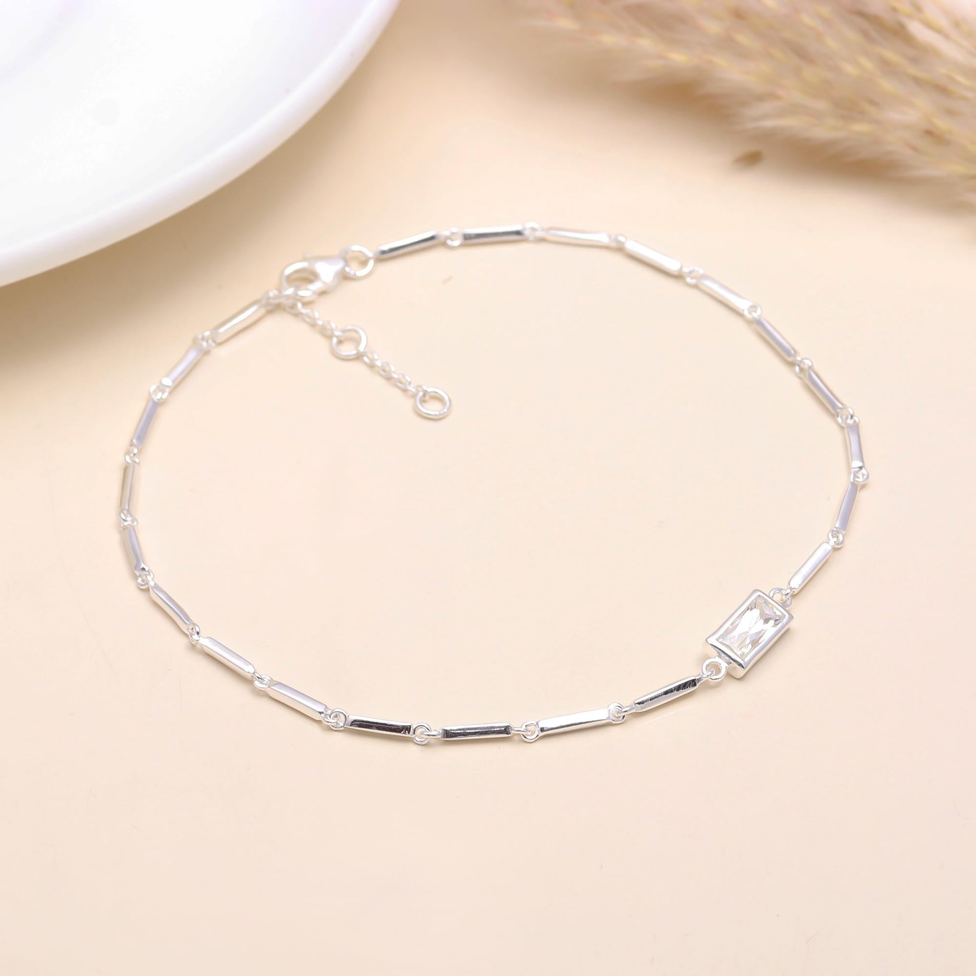 925 Sterling Silver Baguette Stone Bar Link Bracelet