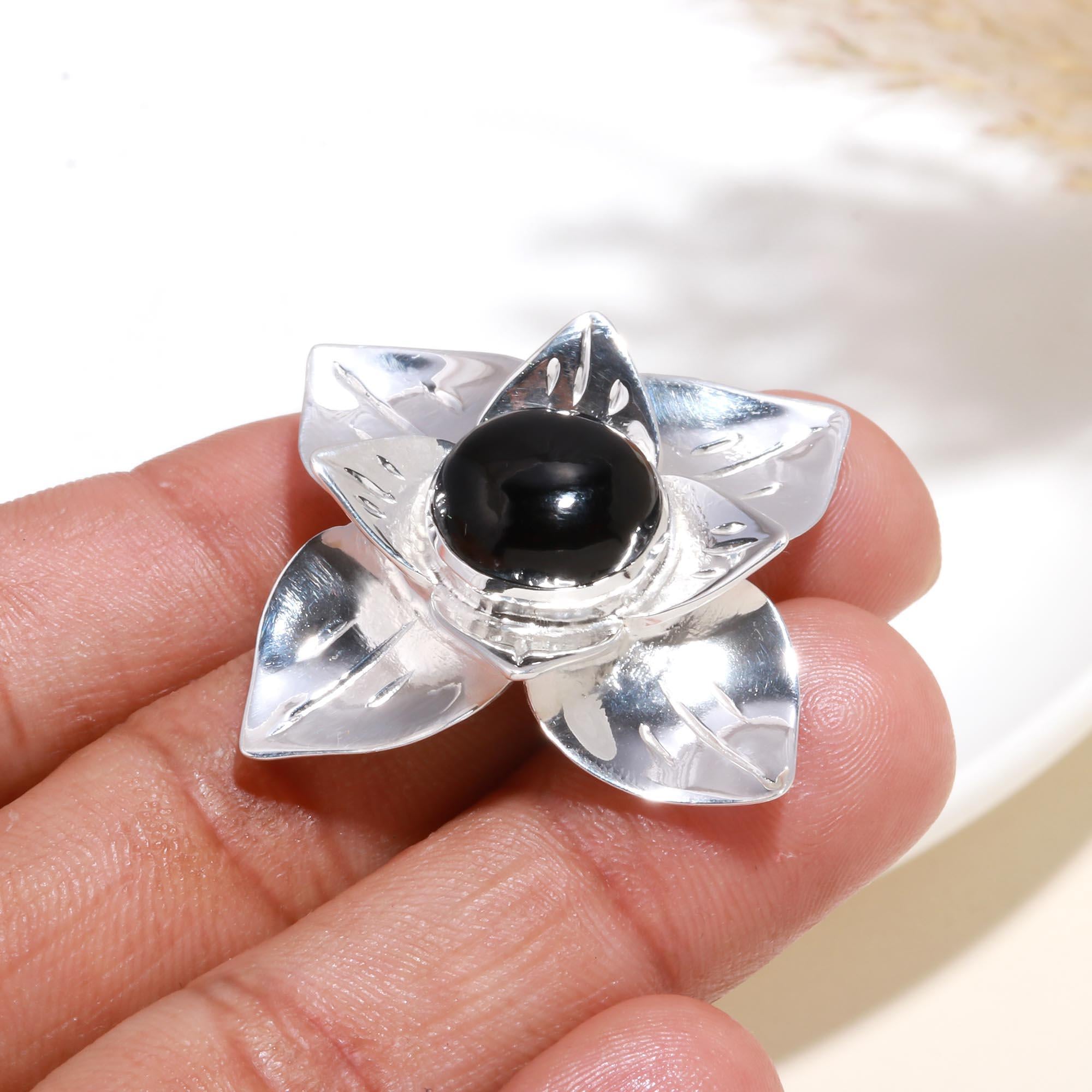 925 Sterling Silver Black Onyx Floral Statement Ring