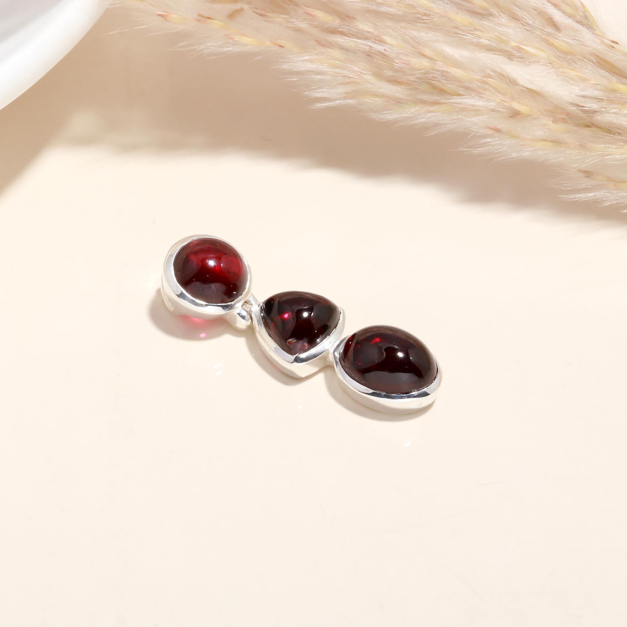 925 Sterling Silver Triple Garnet Drop Pendant