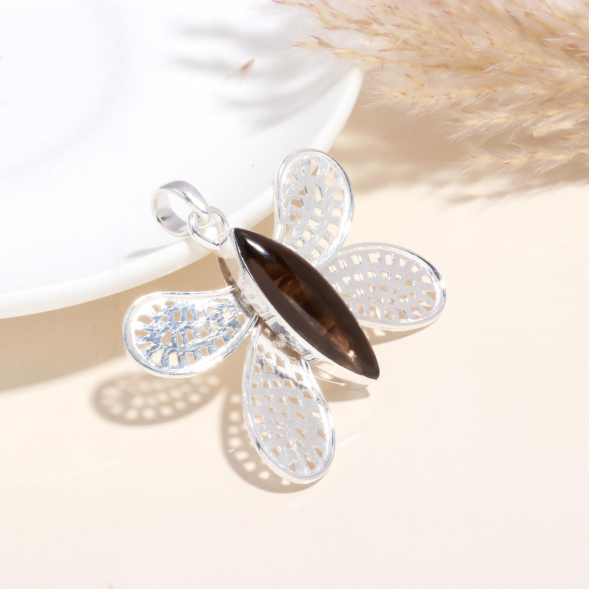 925 Sterling Silver Smoky Quartz Butterfly Pendant
