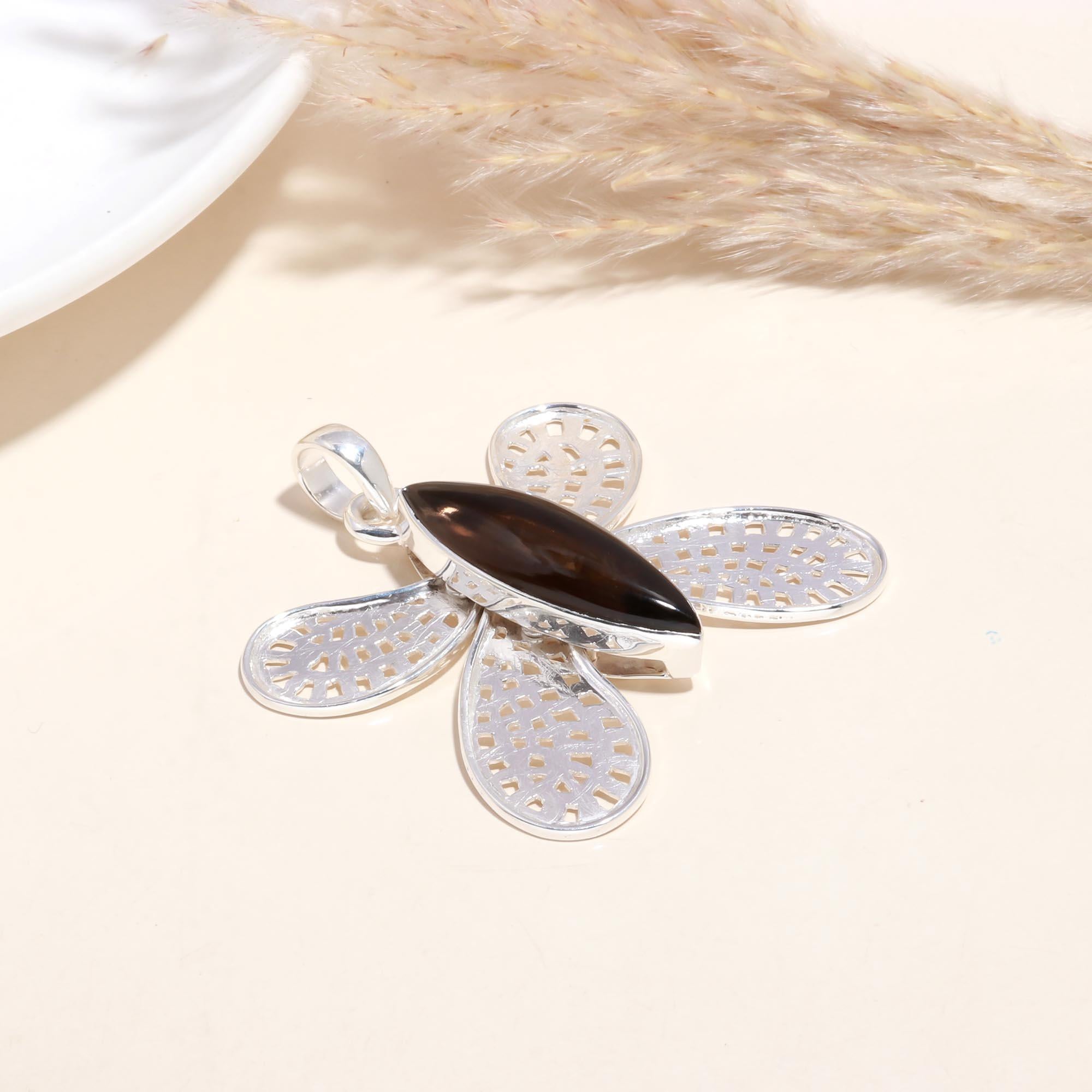 925 Sterling Silver Smoky Quartz Butterfly Pendant