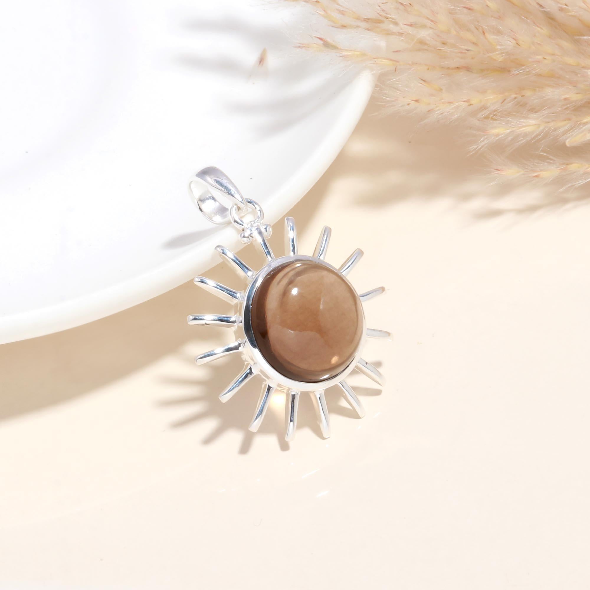 925 Sterling Silver Sunburst Brown Gemstone Pendant