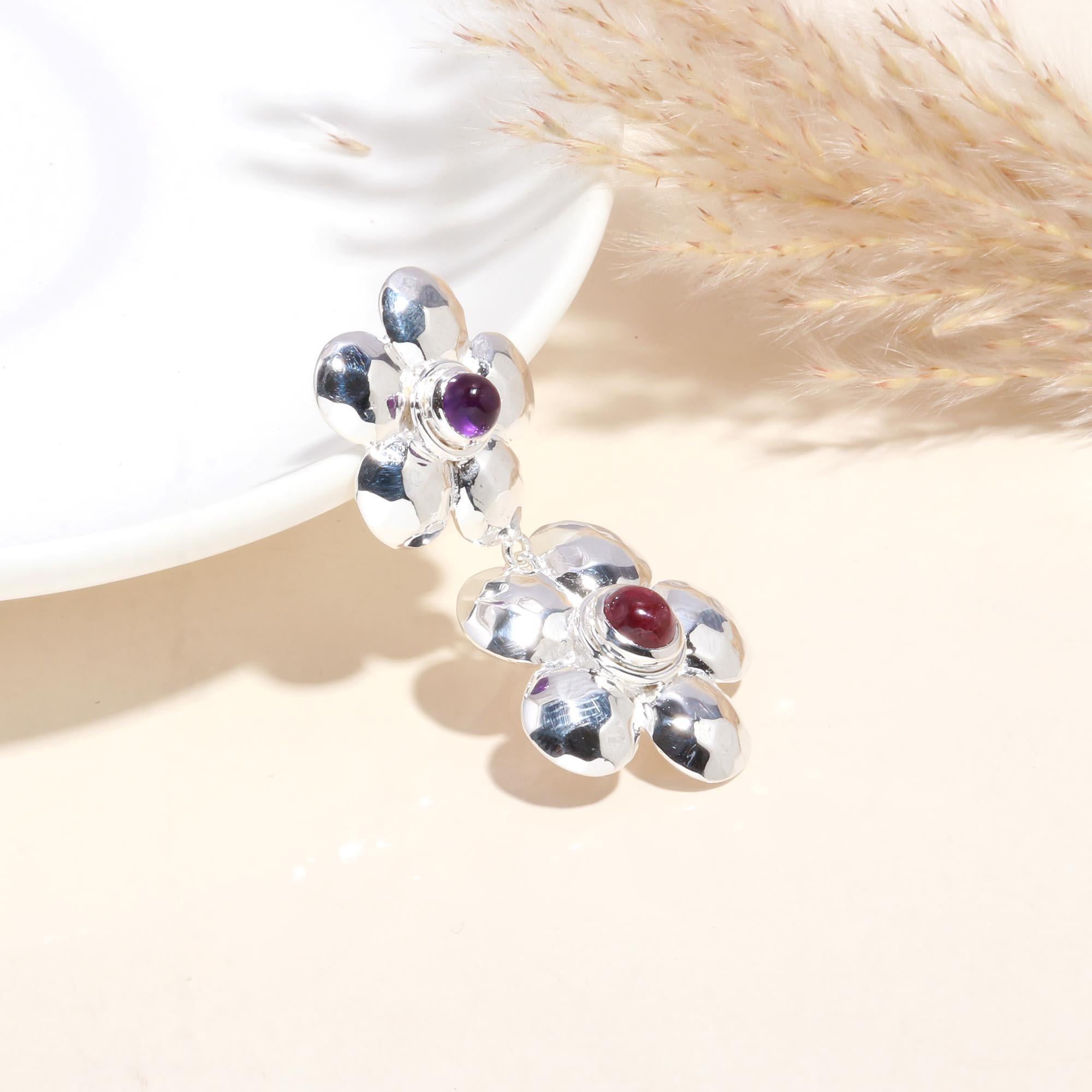 925 Sterling Silver Garnet Cabochons Twin Floral Pendant