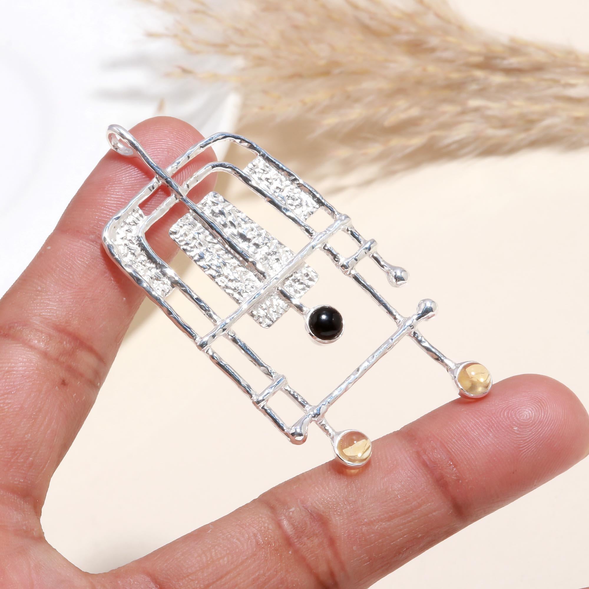 925 Sterling Silver Onyx & Citrine Abstract Geometric Pendant