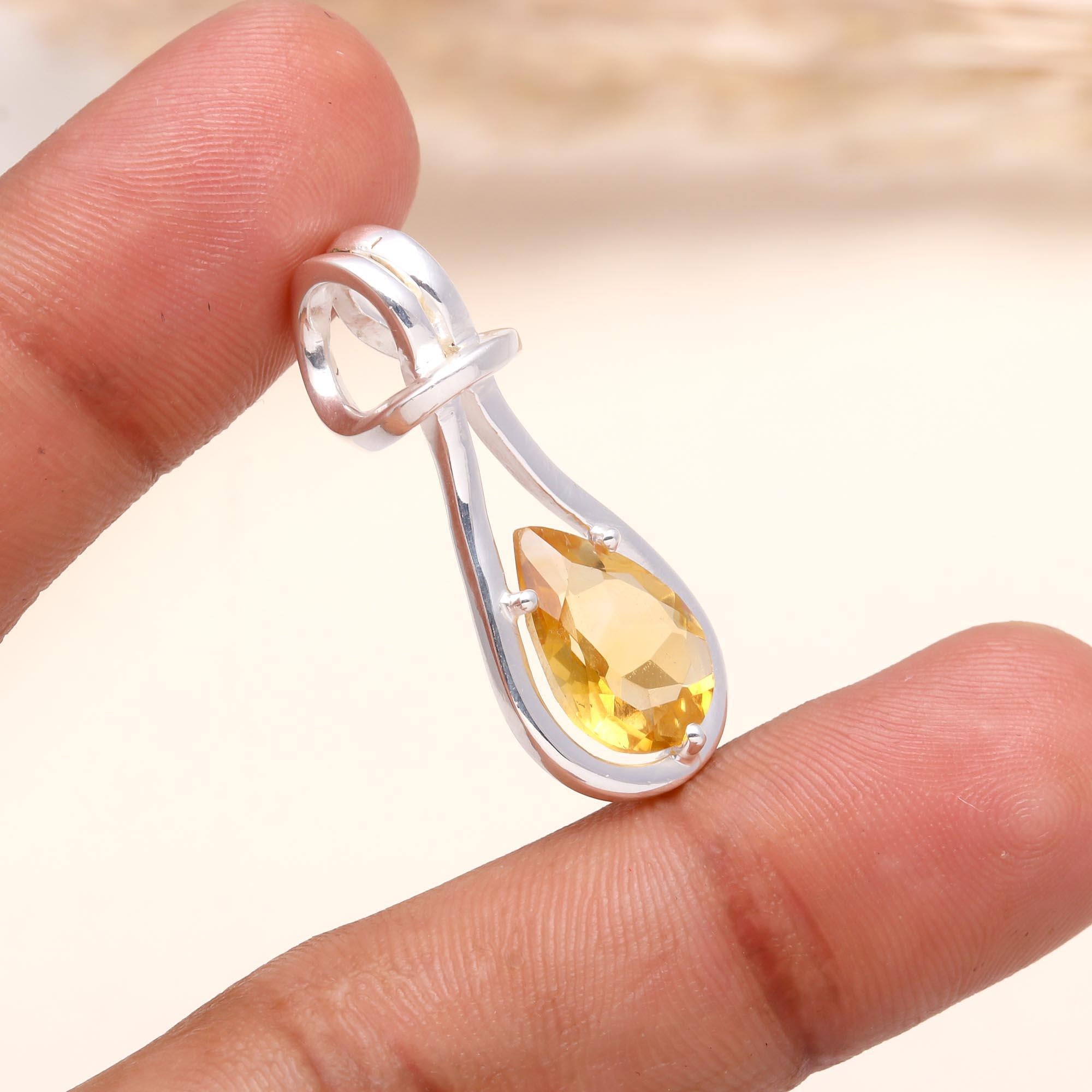 925 Sterling Silver Modern Teardrop Citrine Pendant