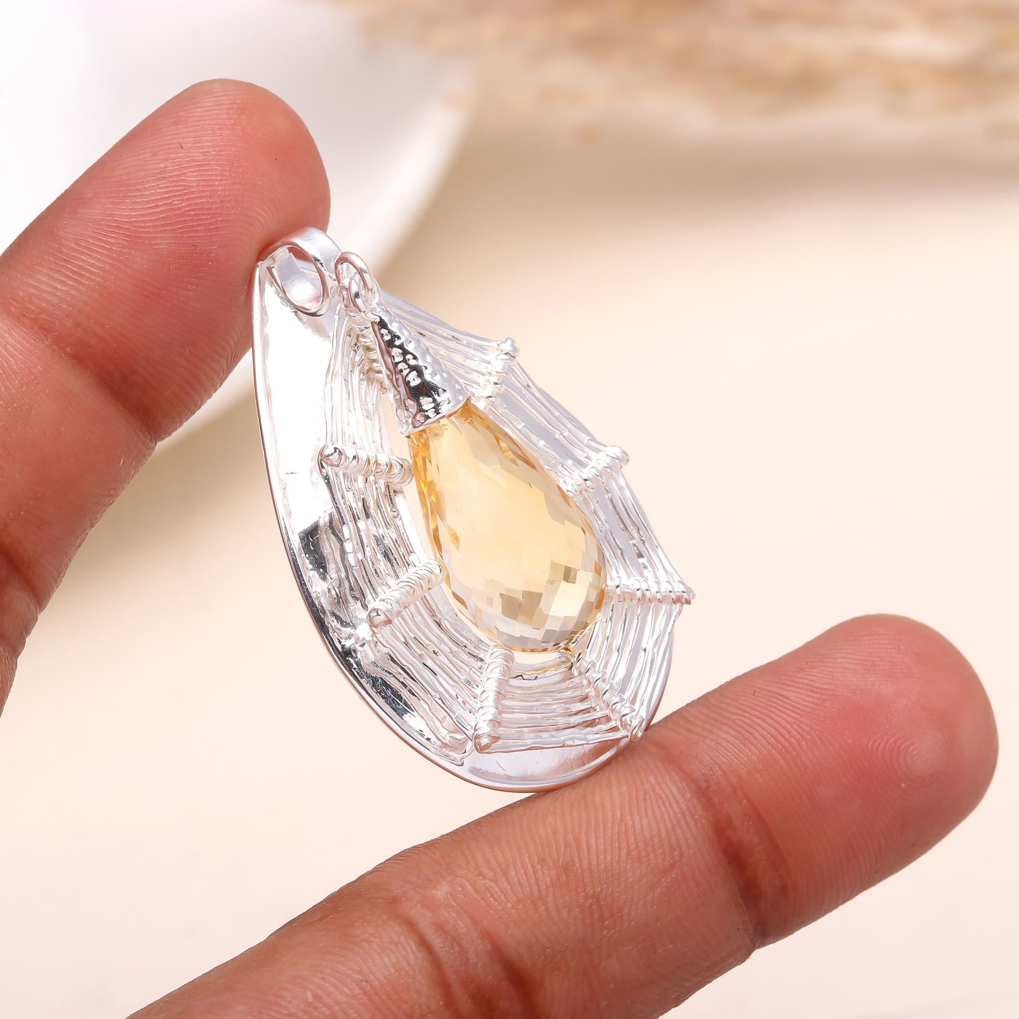 925 Sterling Silver Unique Teardrop Citrine Pendant