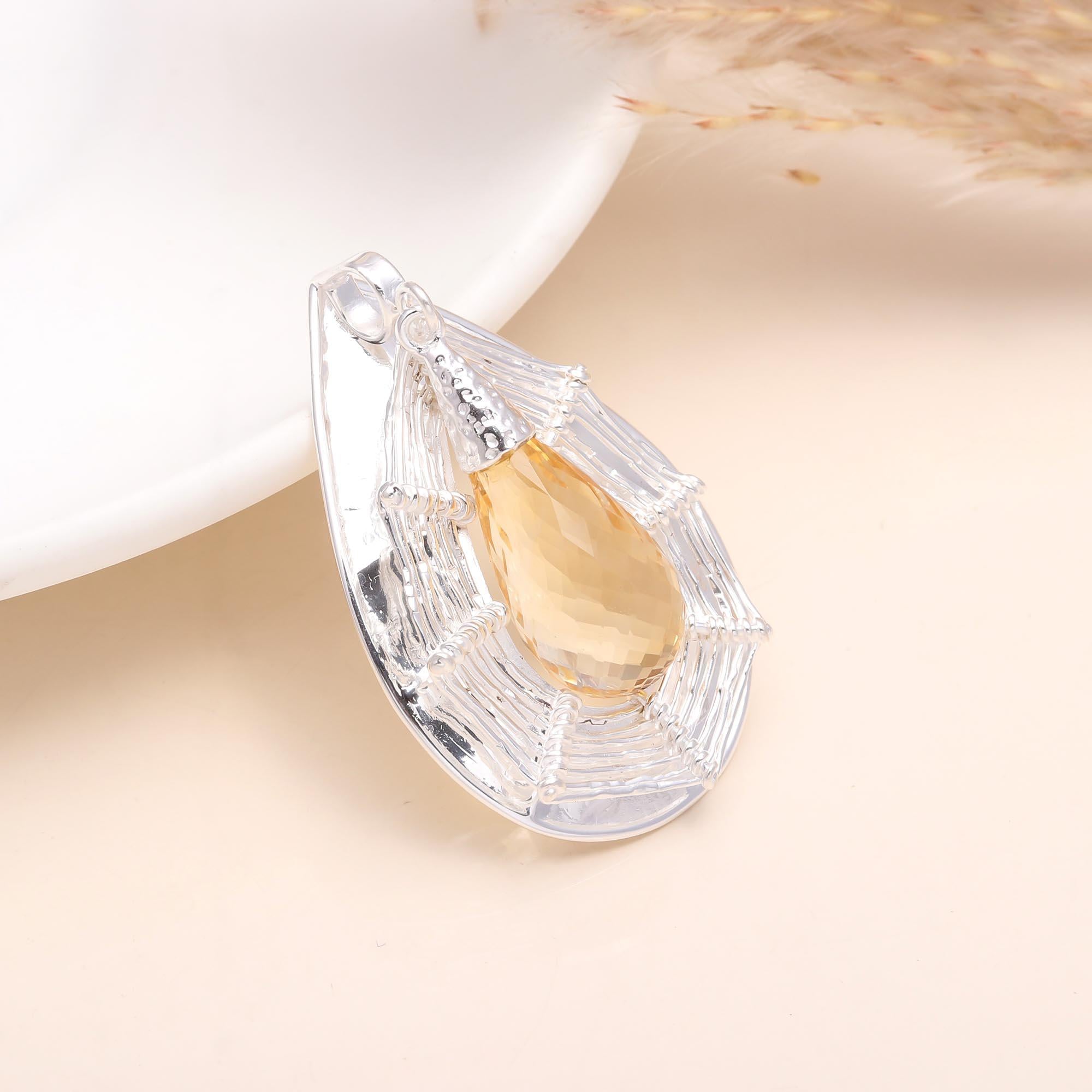 925 Sterling Silver Unique Teardrop Citrine Pendant