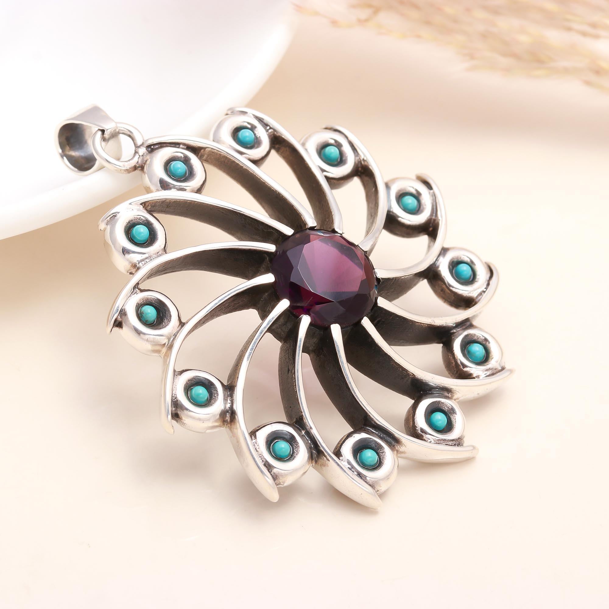 925 Sterling Silver Vintage Garnet & Turquoise Boho Statement Pendant