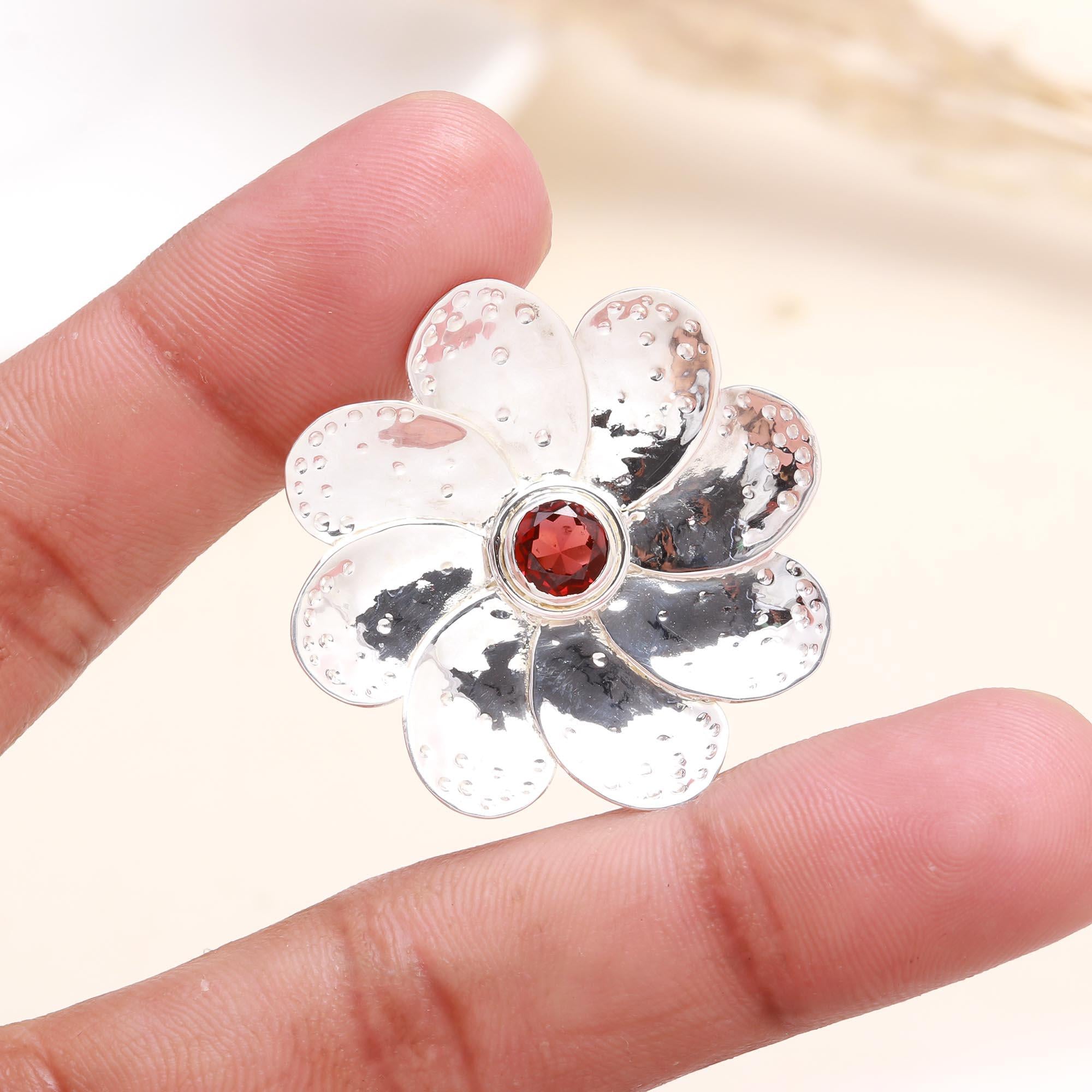 925 Sterling Silver Floral Garnet Flower Pendant