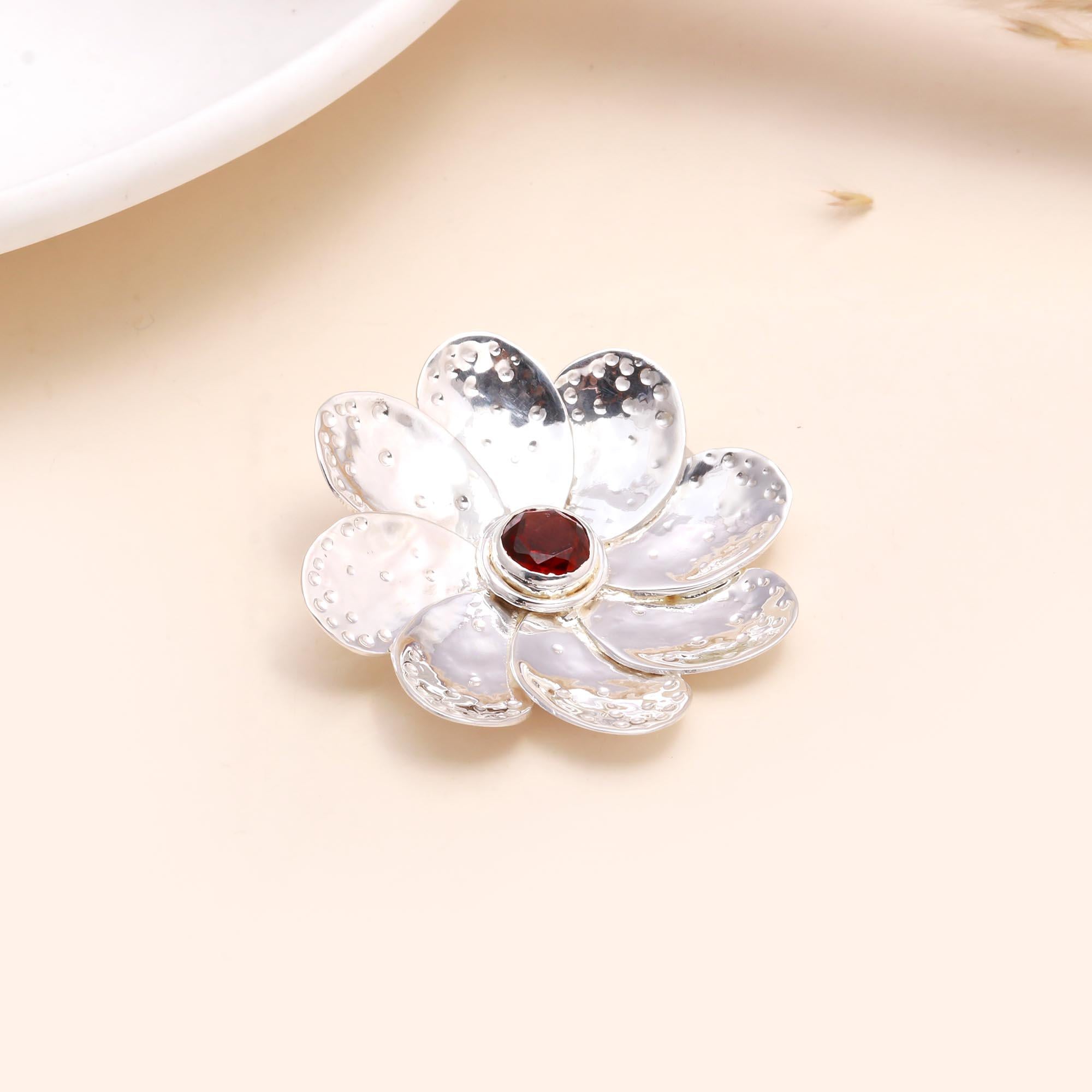 925 Sterling Silver Floral Garnet Flower Pendant