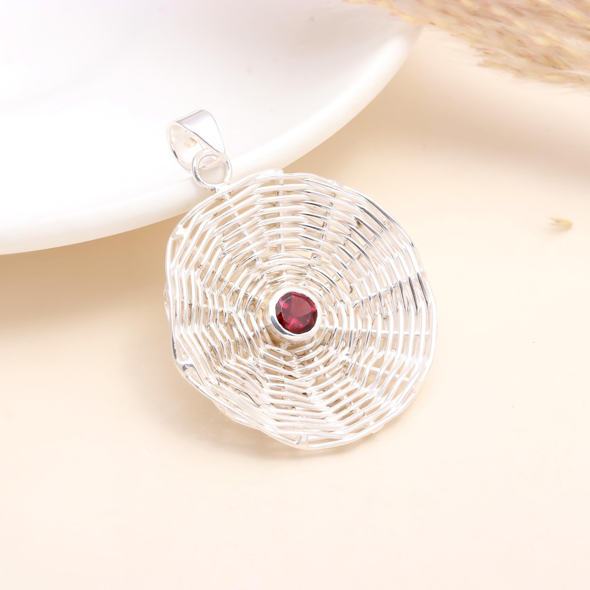 925 Sterling Silver Handwoven Garnet Pendant