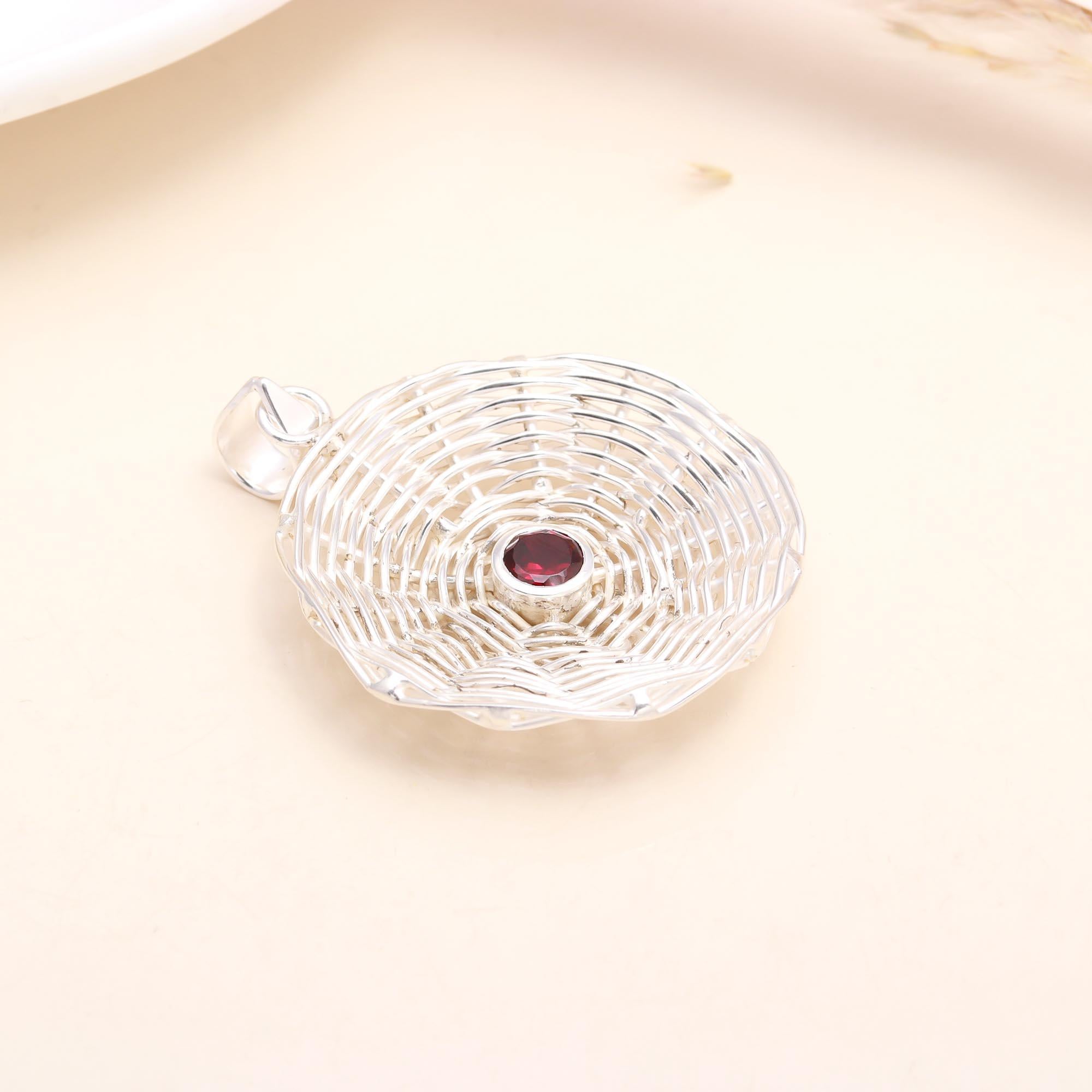 925 Sterling Silver Handwoven Garnet Pendant