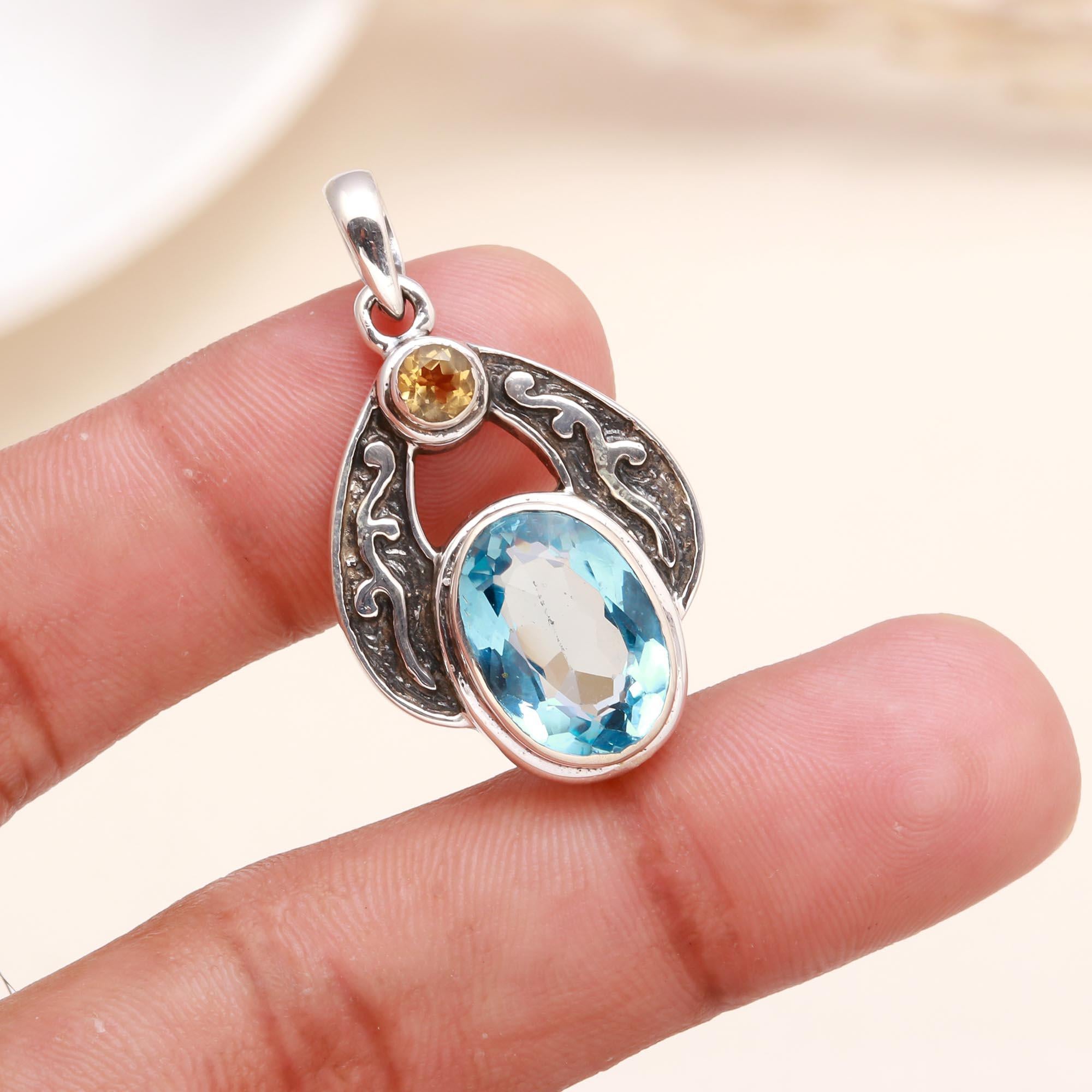 925 Sterling Silver Vintage-Inspired Blue Topaz & Citrine Pendant