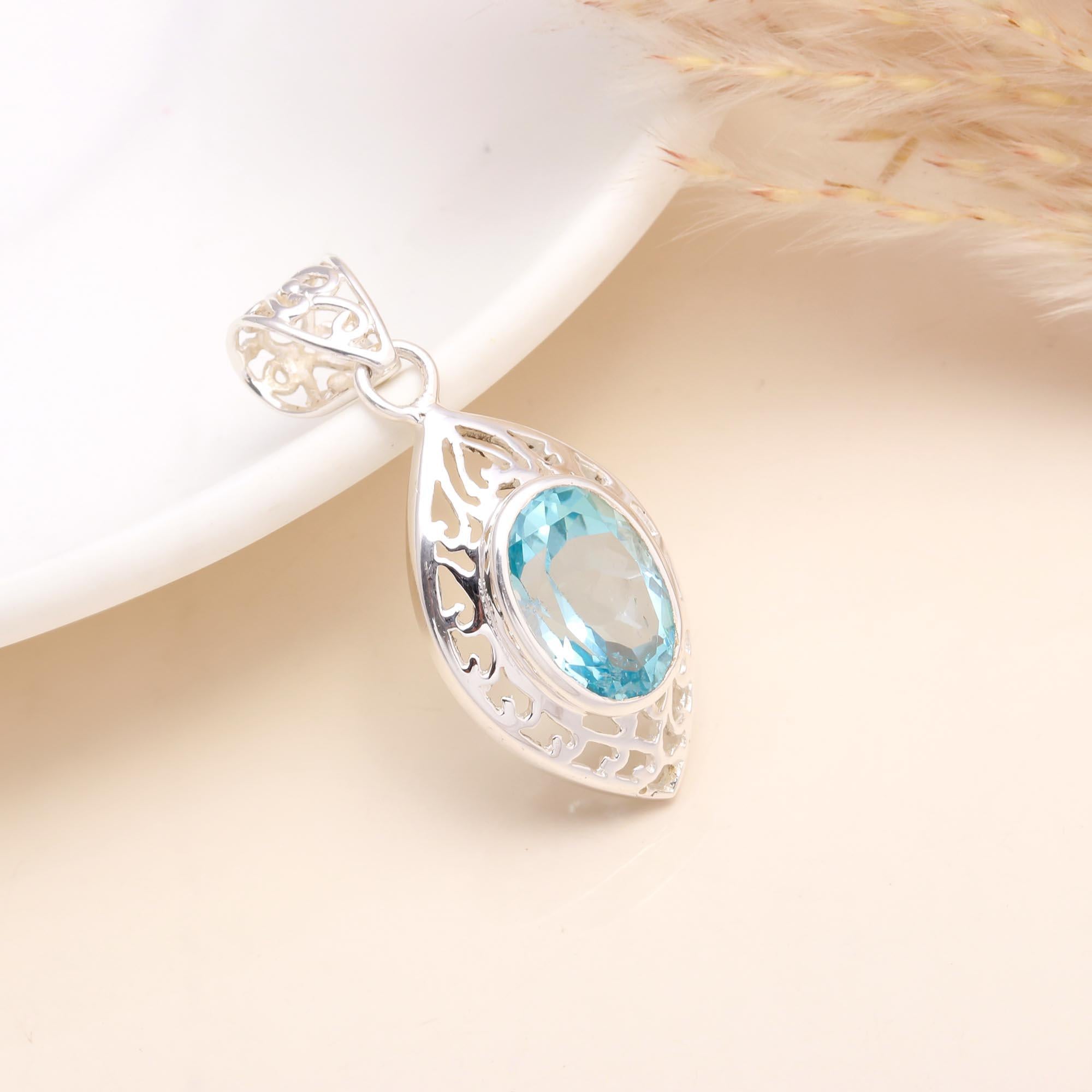 925 Sterling Silver Blue Topaz Filigree Pendant