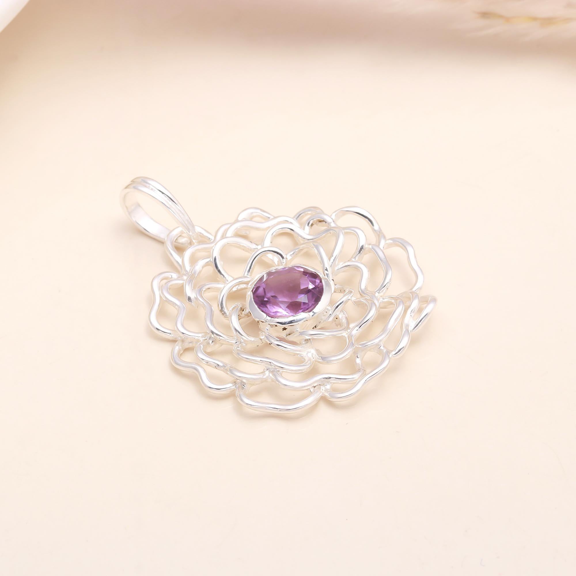 925 Sterling Silver Floral Amethyst Pendant