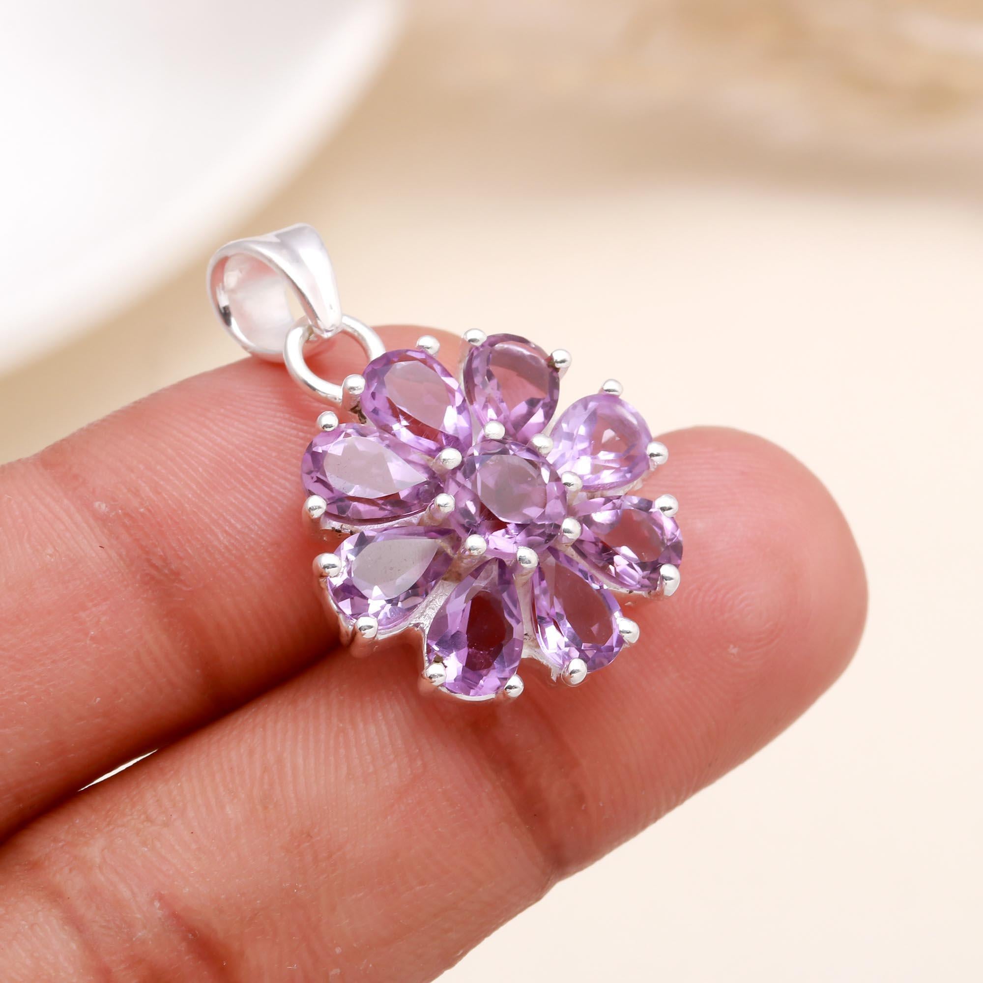 925 Sterling Silver Amethyst Floral Pendant