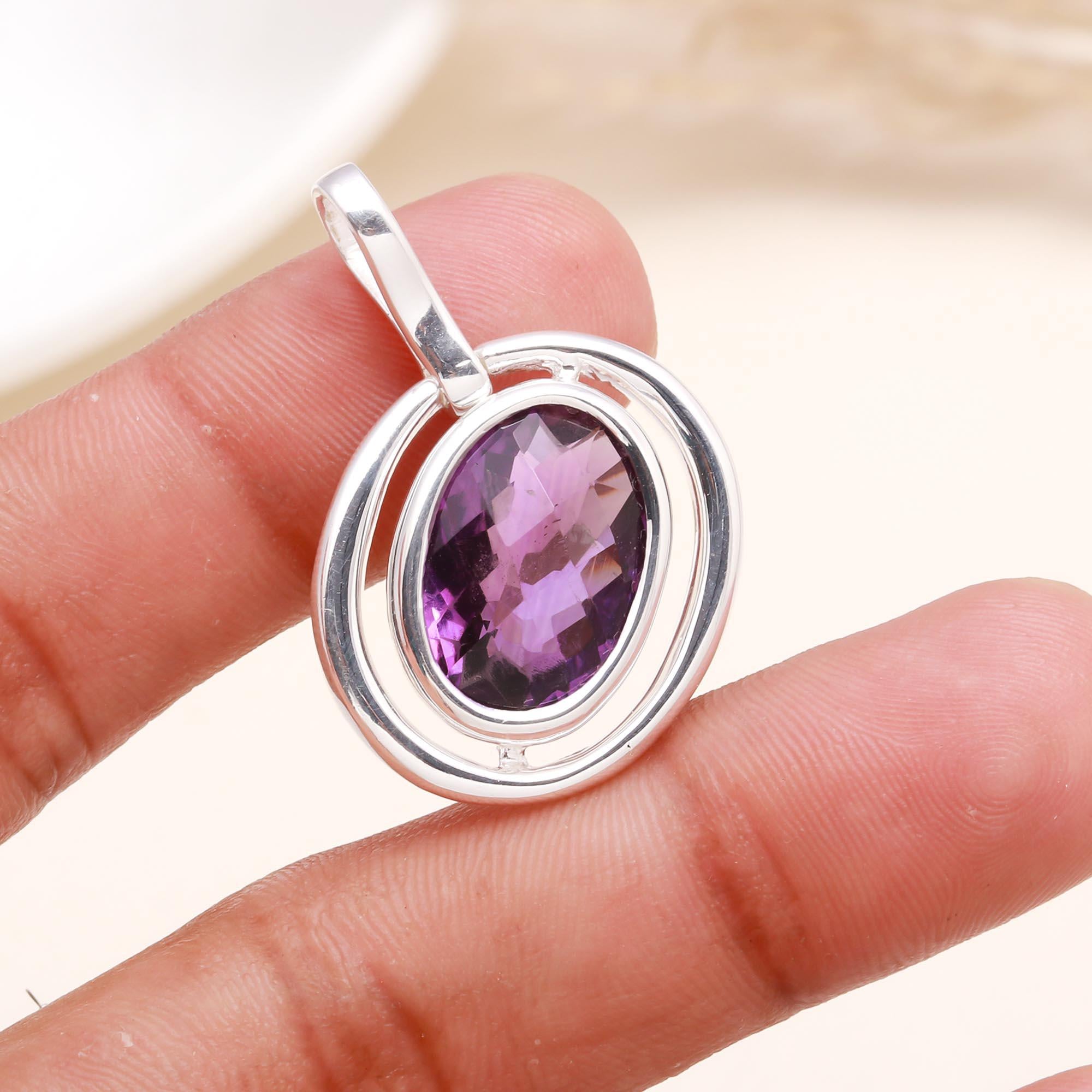 925 terling Silver Double Frame Oval Amethyst Pendant