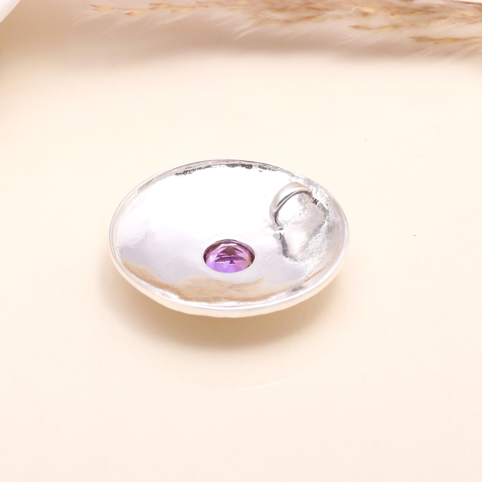 925 Sterling Silver Amethyst Textured Disc Pendant