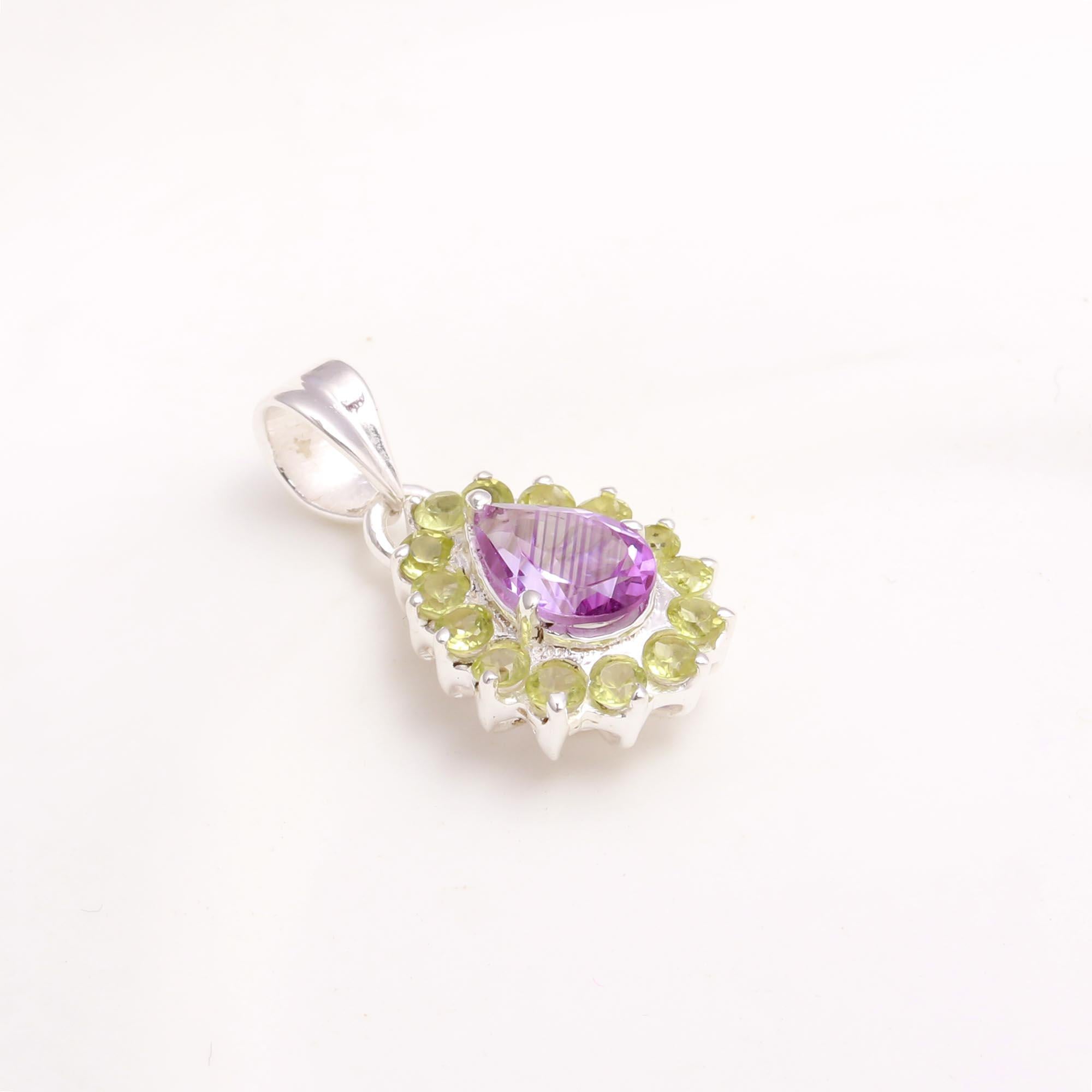 925 Sterling Silver Pear-Shaped Amethyst & Peridot Halo Pendant