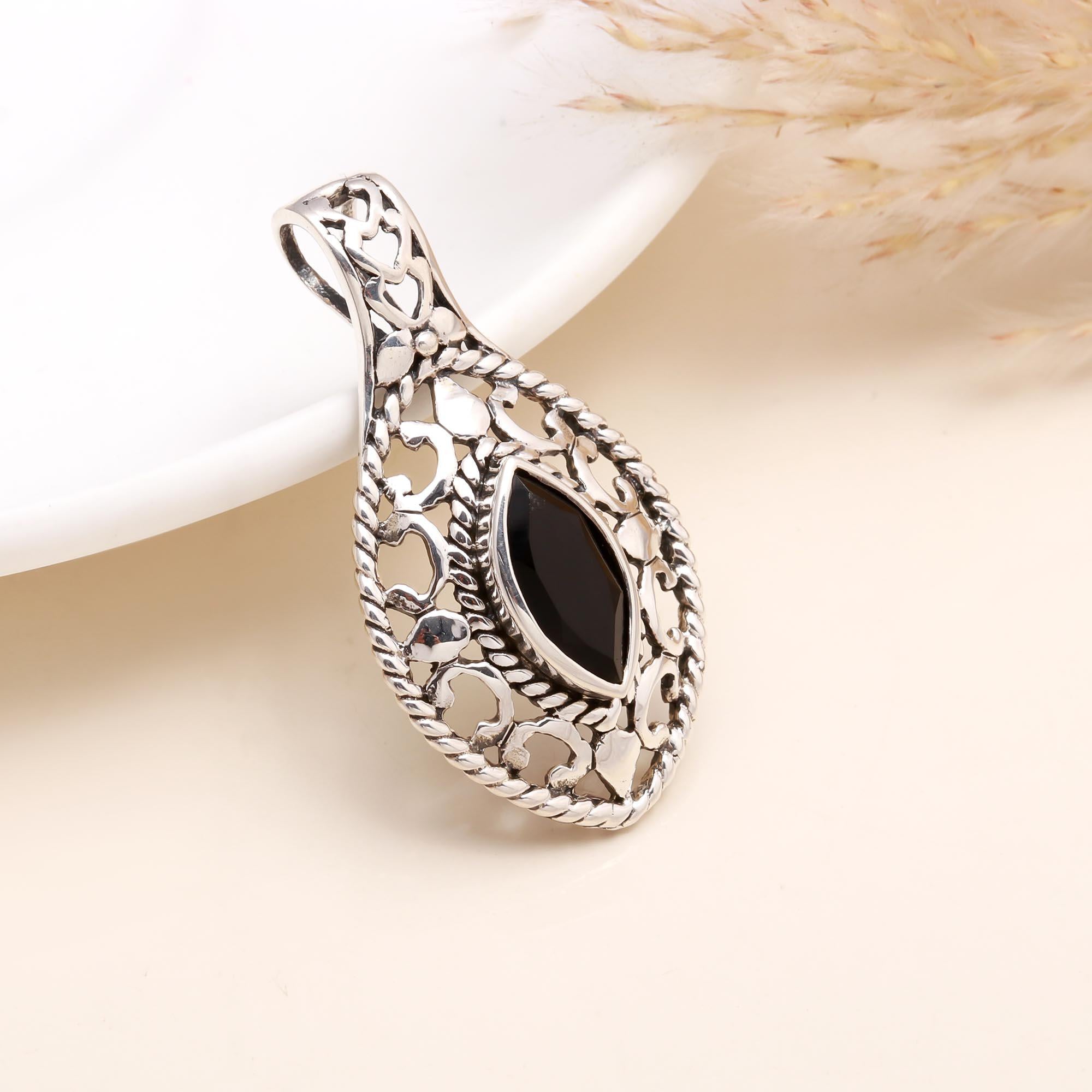 925 Sterling Silver Marquise Black Onyx Filigree Teardrop Pendant