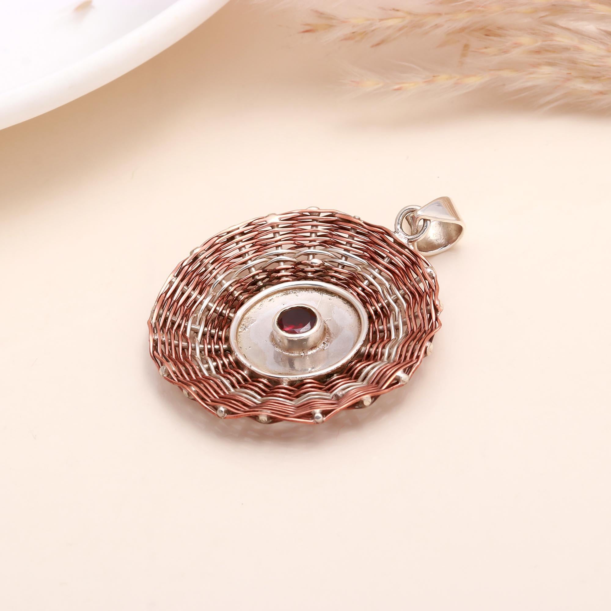 925 Sterling Silver Handwoven Spiral Garnet Pendant