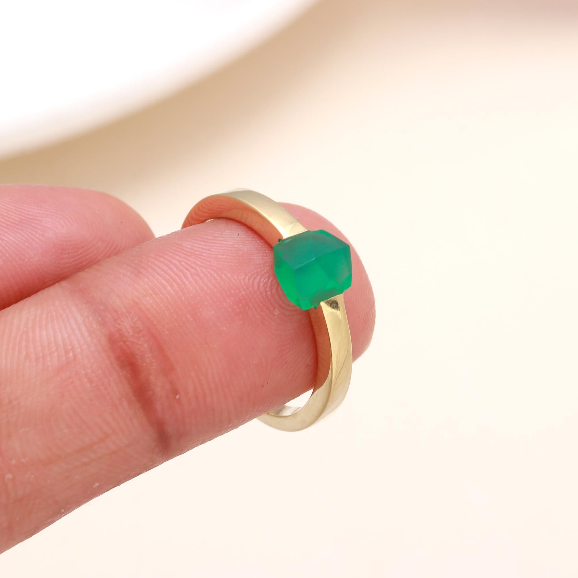 The Asymmetric Emerald: Gold Modern Minimalist Ring