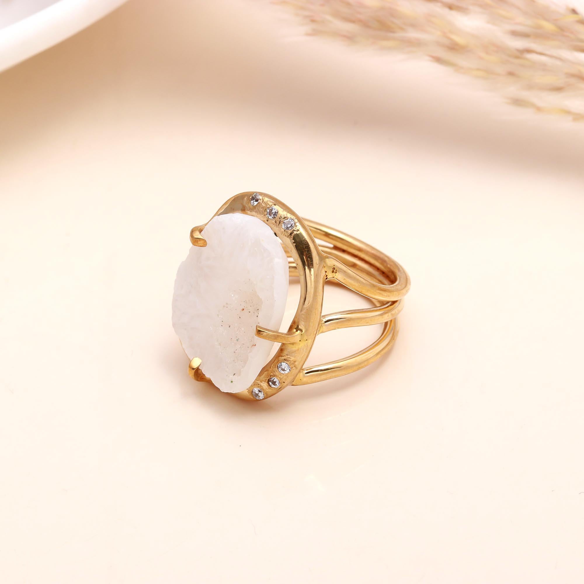 925 Sterling Silver White Druzy Ring