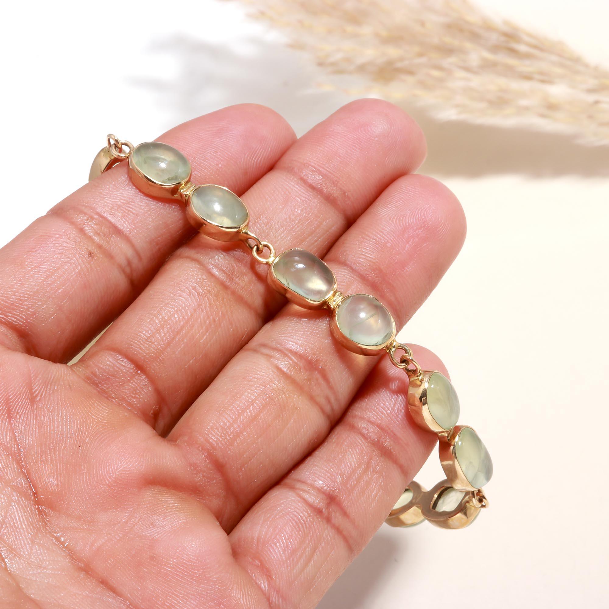 925 Silver Green Prehnite Link Bracelet