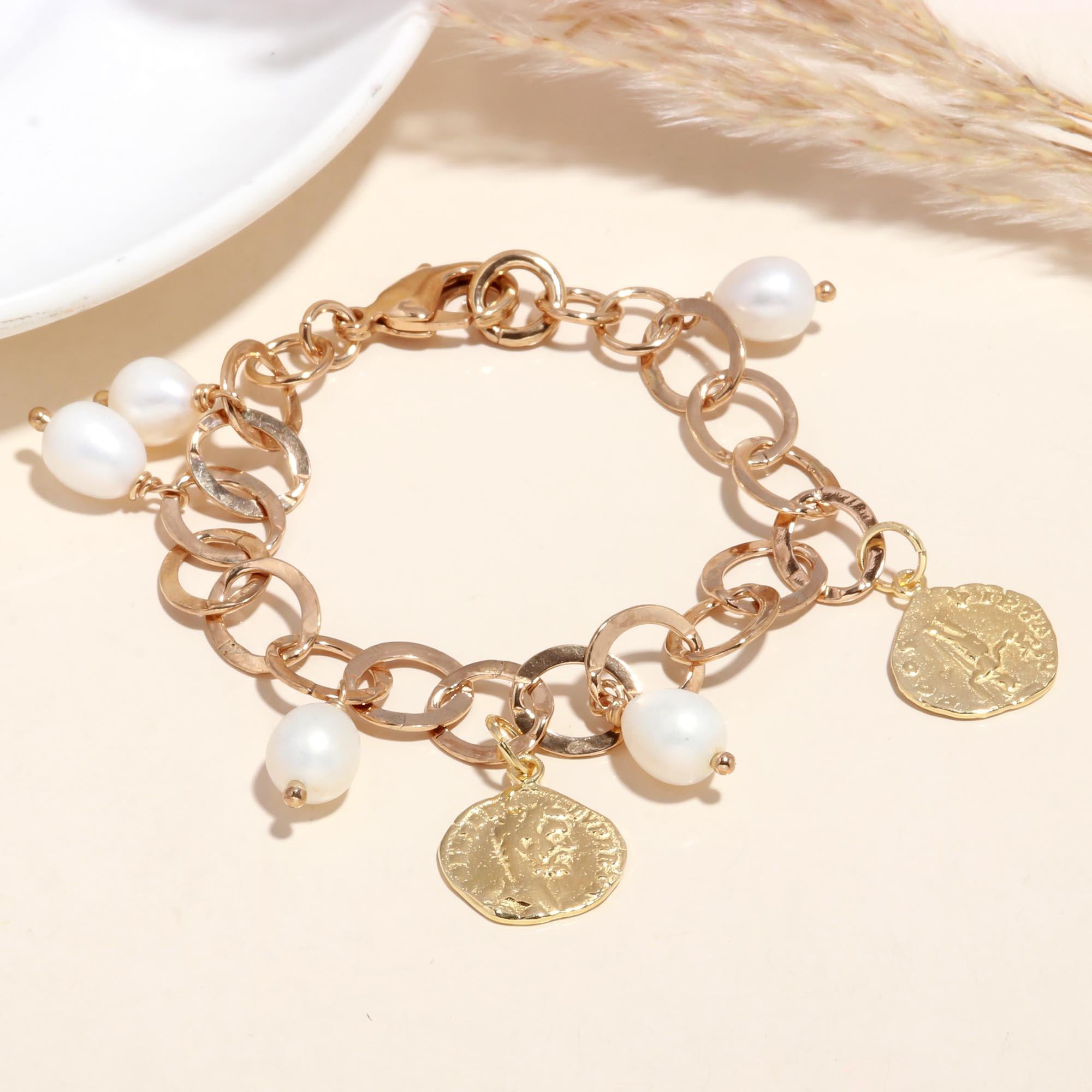 The Odyssey Charm: Gold Coin & Pearl Link Bracelet