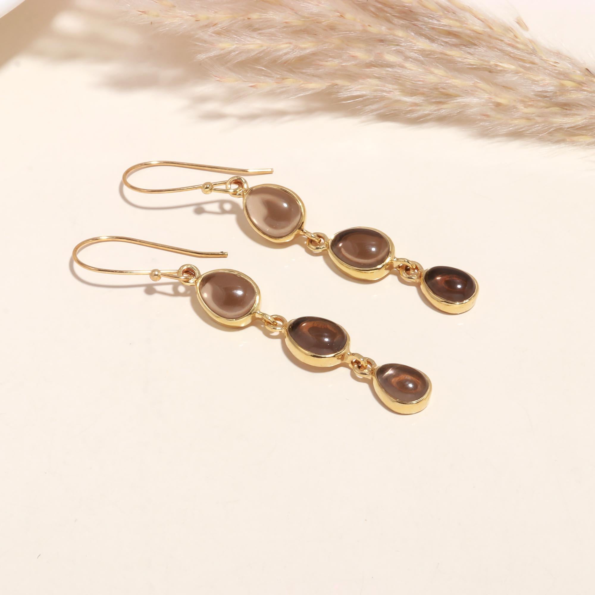925 Silver Triple Oval Smoky Quartz Drop Earrings