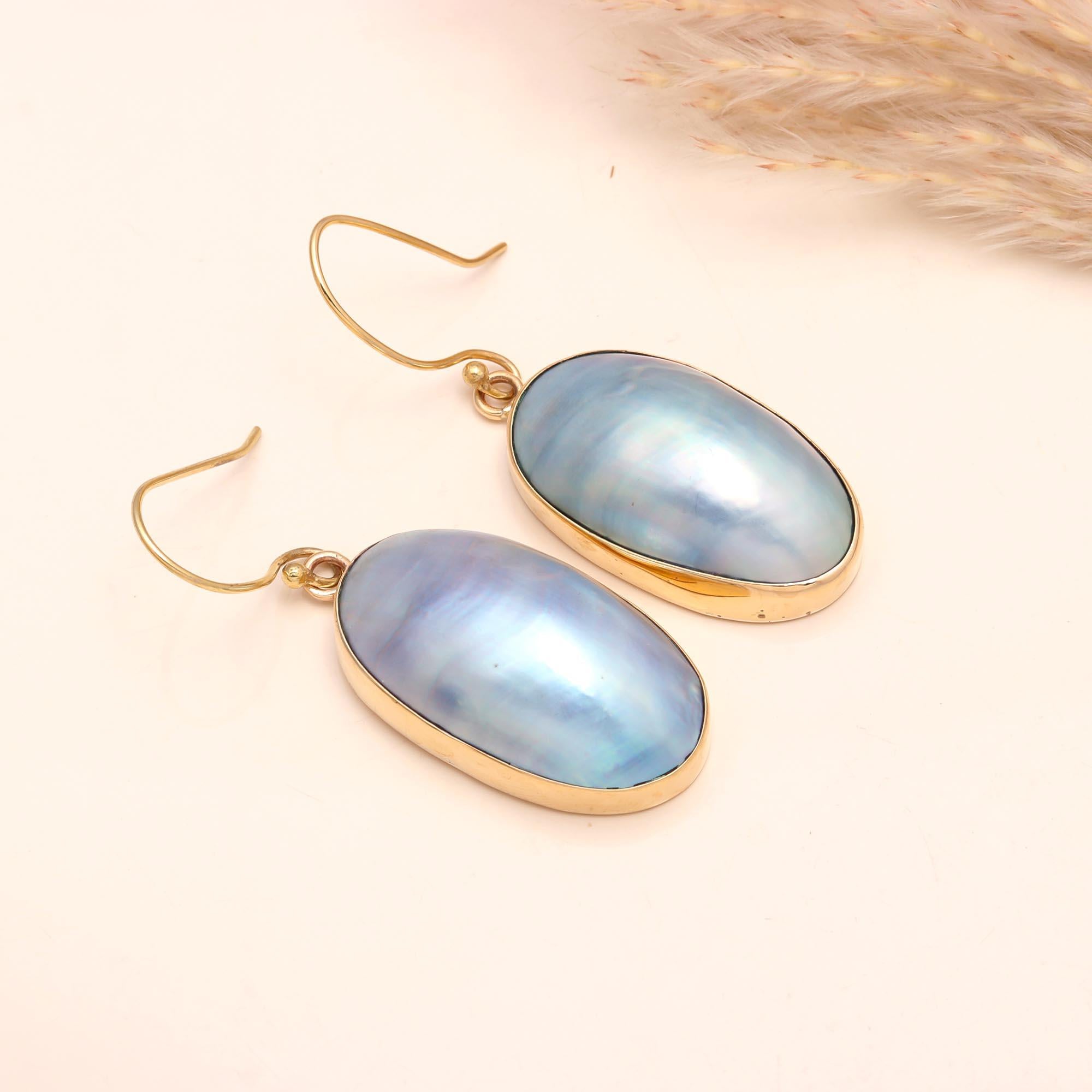 925 Sterling Silver Blue Glow Shell Oval Earrings