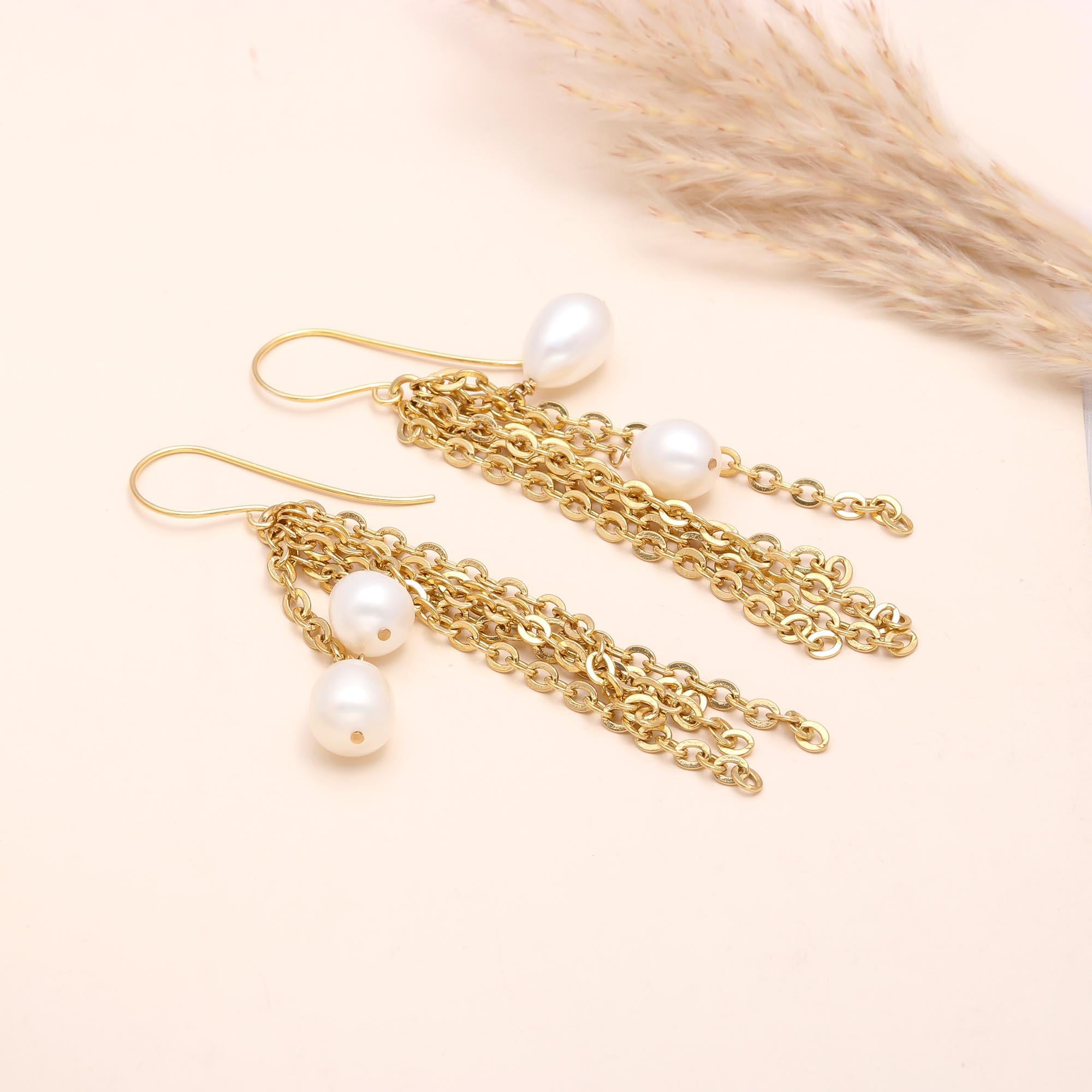 925 Sterling Silver Baroque Pearls Chain Fringe Earrings