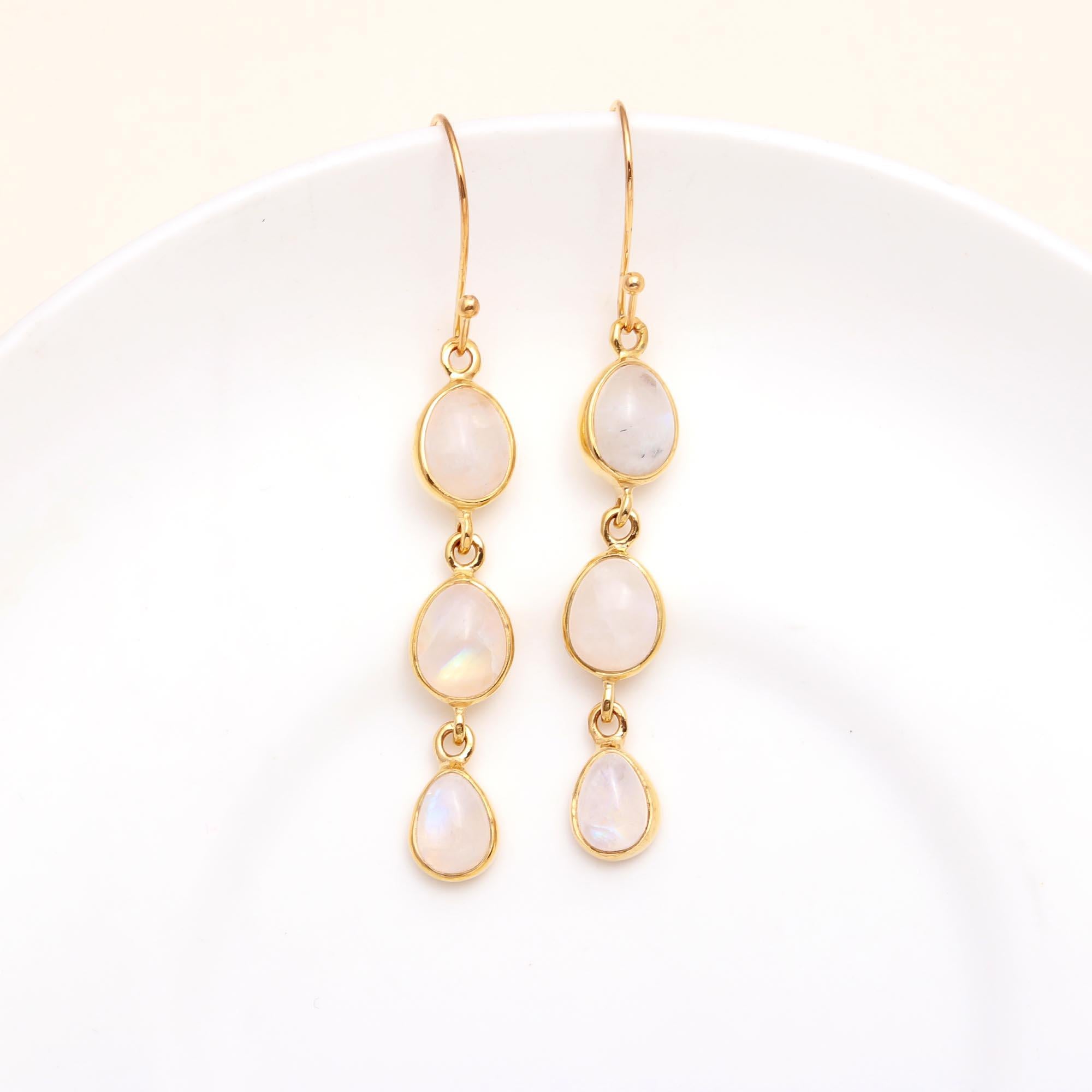 925 Sterling Silver Triple Drop Moonstone Dangle Earrings