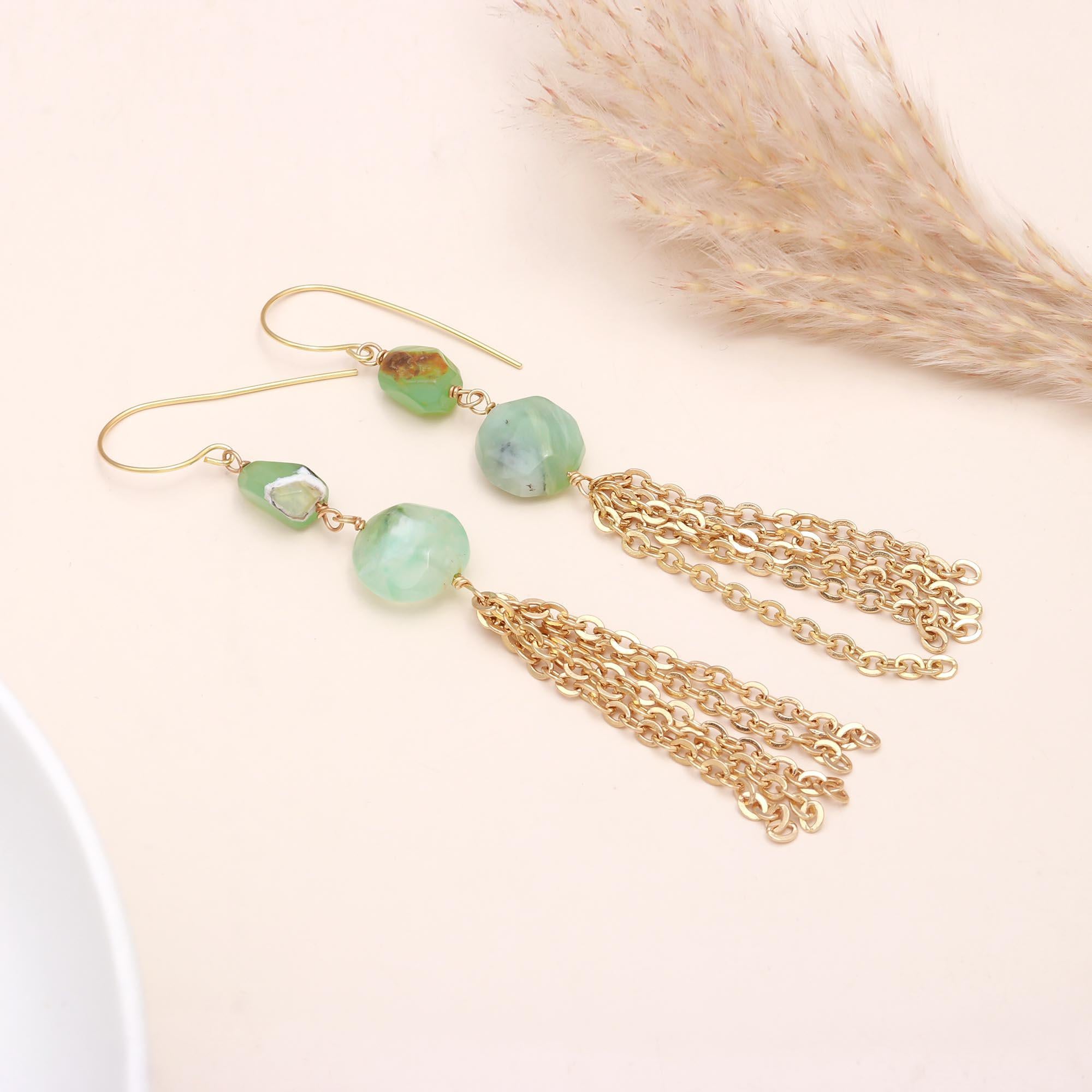 925 Sterling Silver Green Gemstone & Chain Tassel Earrings