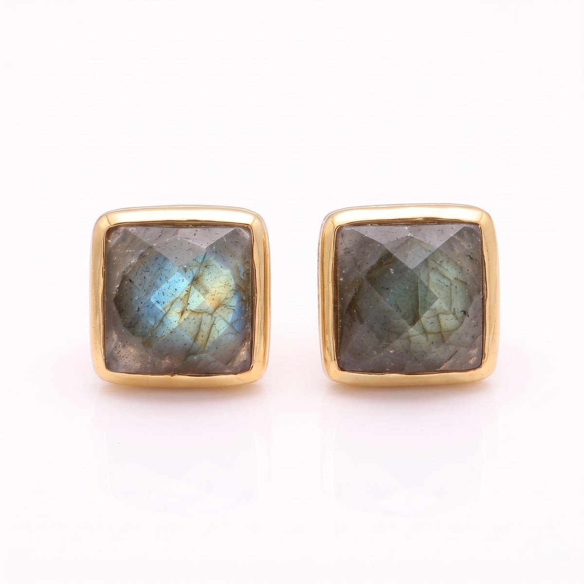 The Northern Glow: Faceted Labradorite Square Stud Earrings in 18K gold plated brass