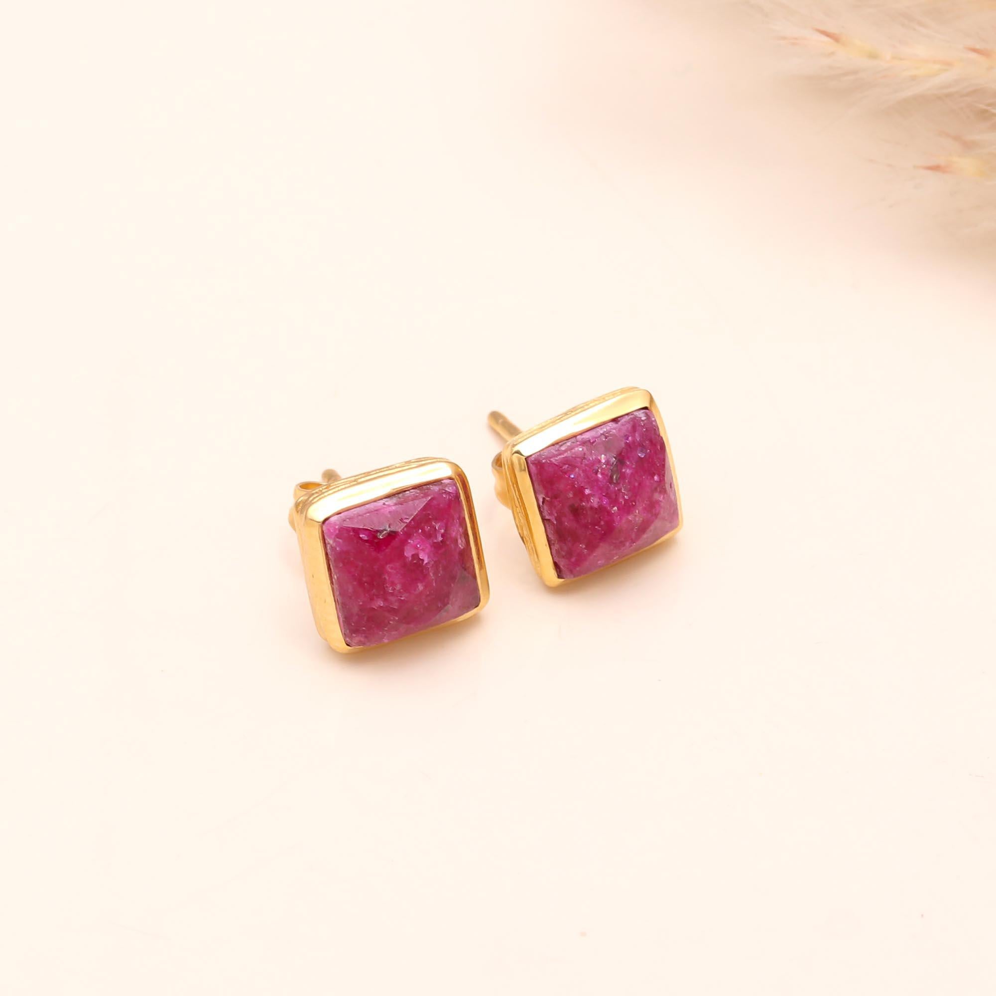 925 Sterling Silver Ruby Square Stud Earrings