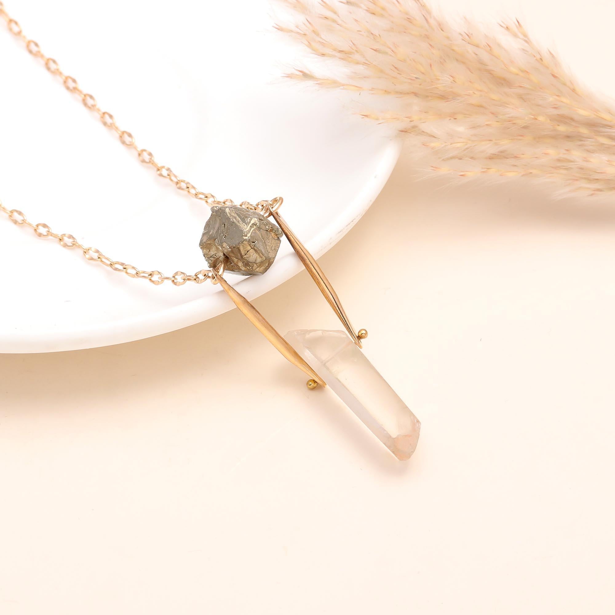 925 Sterling Silver Raw Pyrite & Quartz Crystal Pendant Necklace