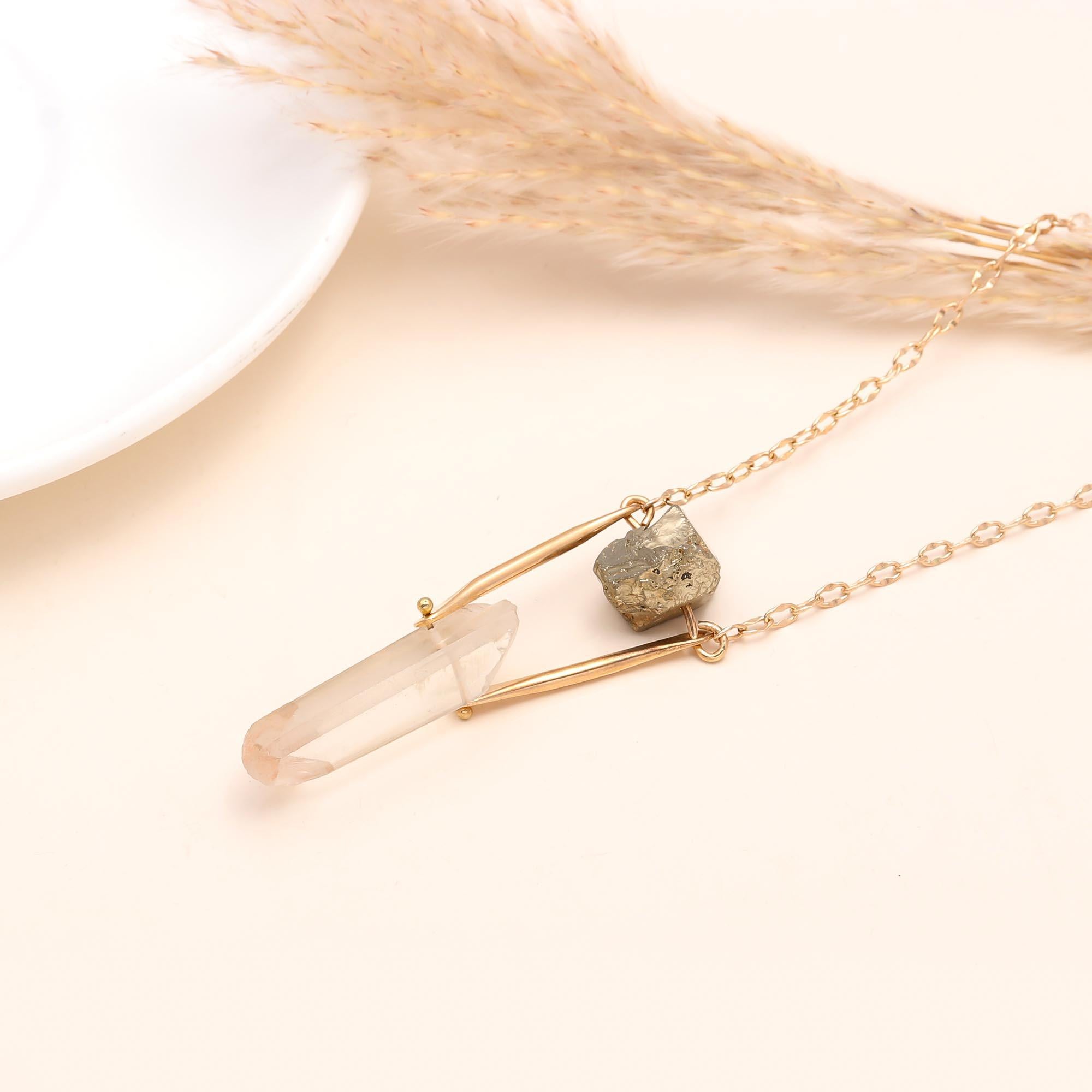 925 Sterling Silver Raw Pyrite & Quartz Crystal Pendant Necklace
