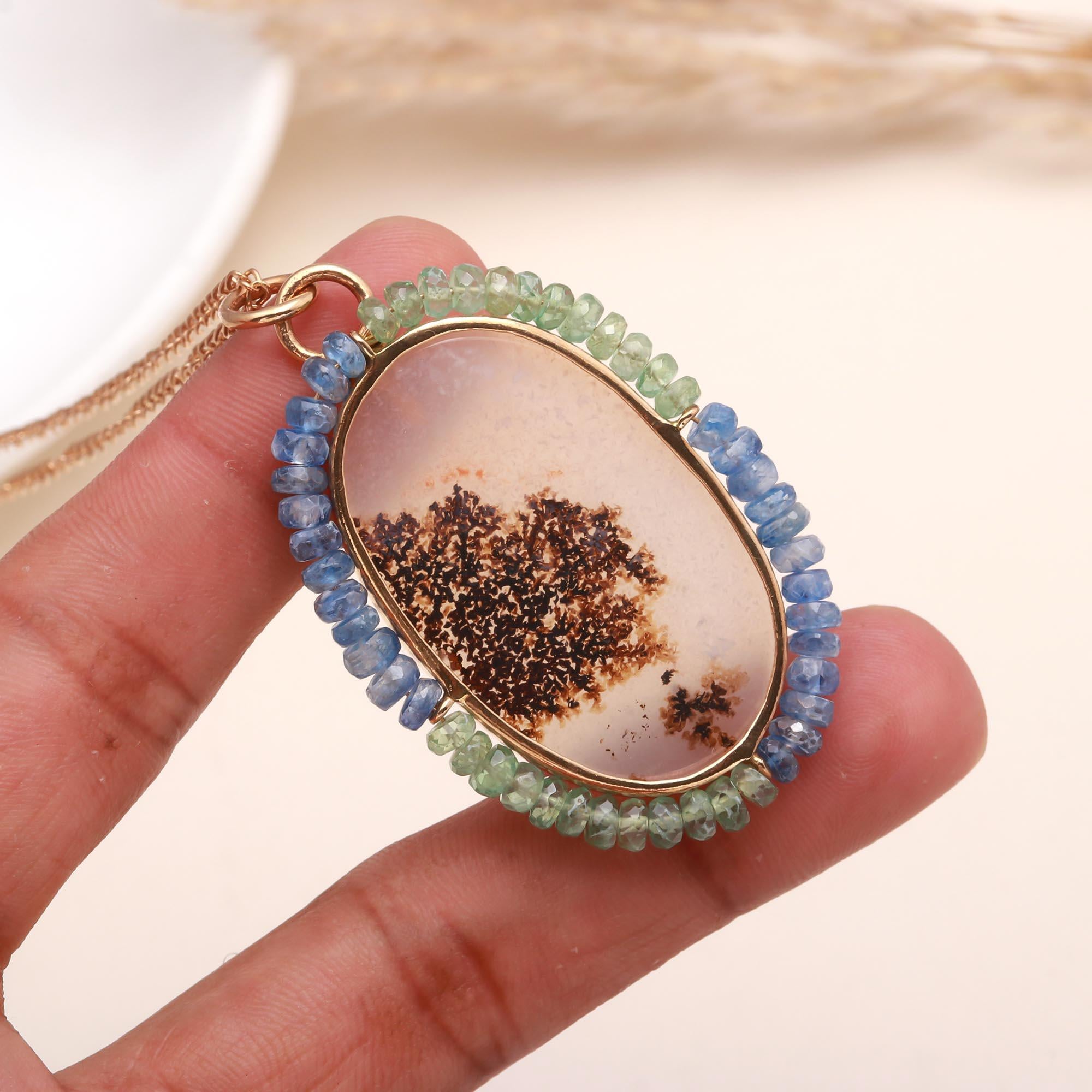 Dendritic Agate Pendant Necklace with Kyanite and Green Garnet