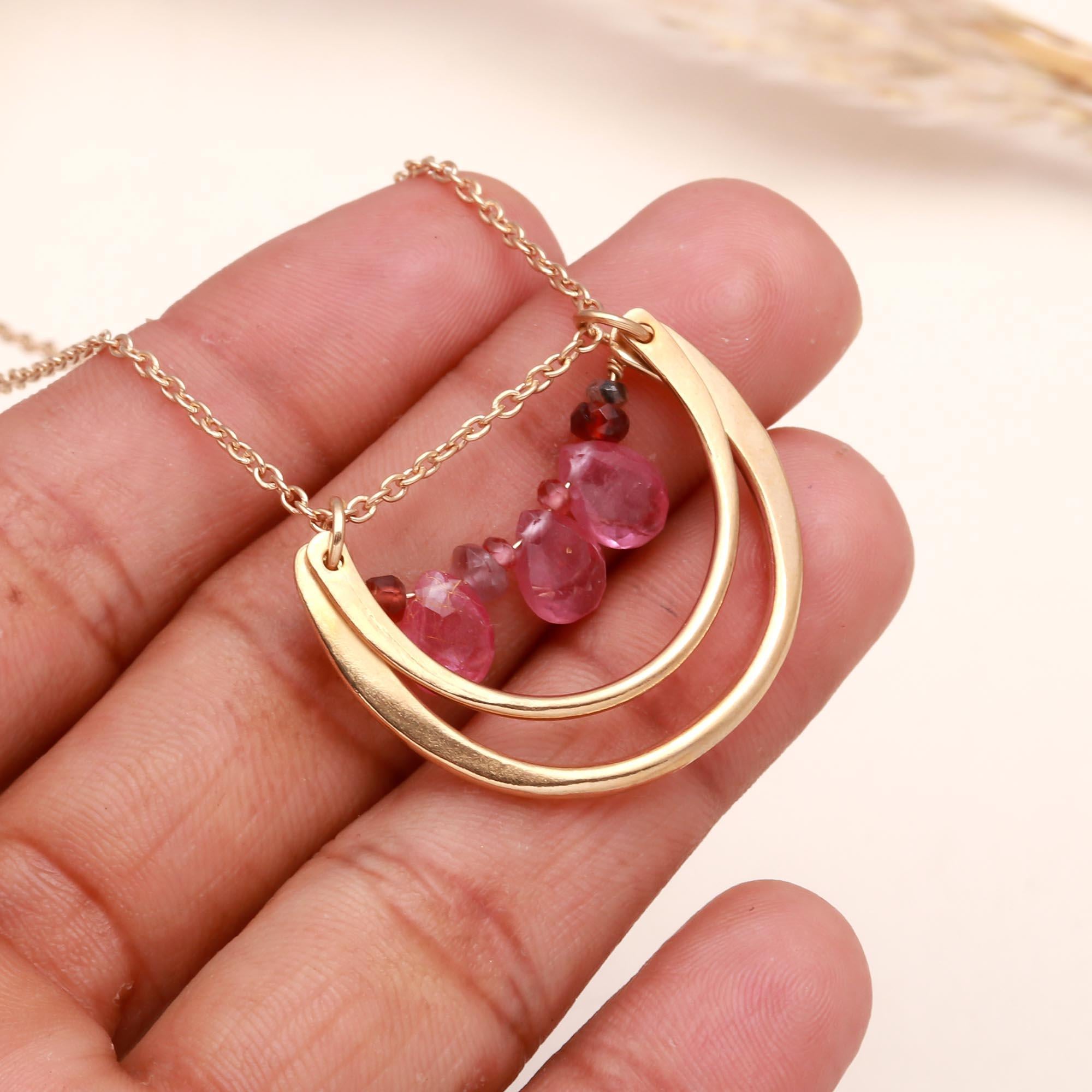 The Ruby Curve: Pink Tourmaline Gold Arc Bib Necklace