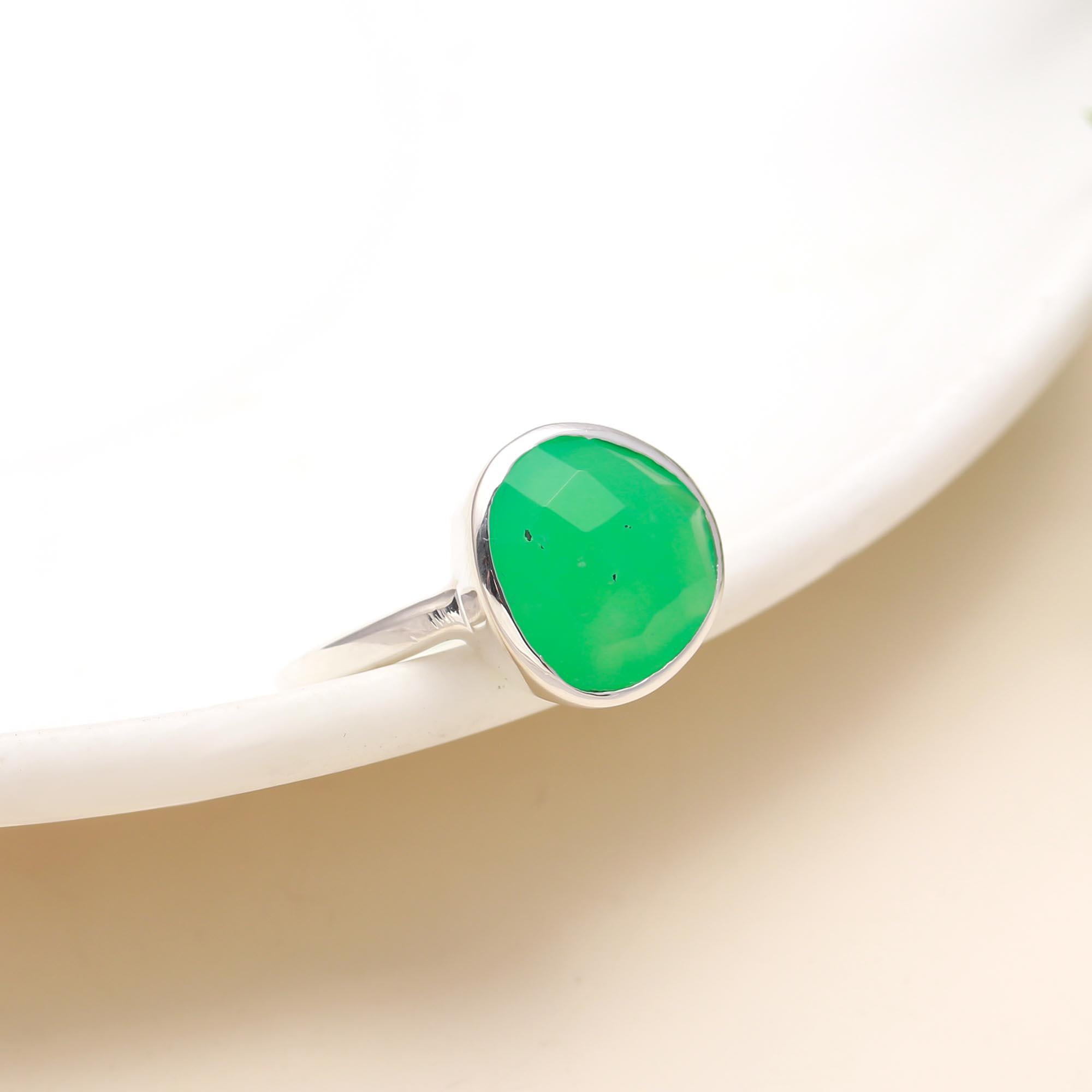 925 Silver Round Green Onyx Ring