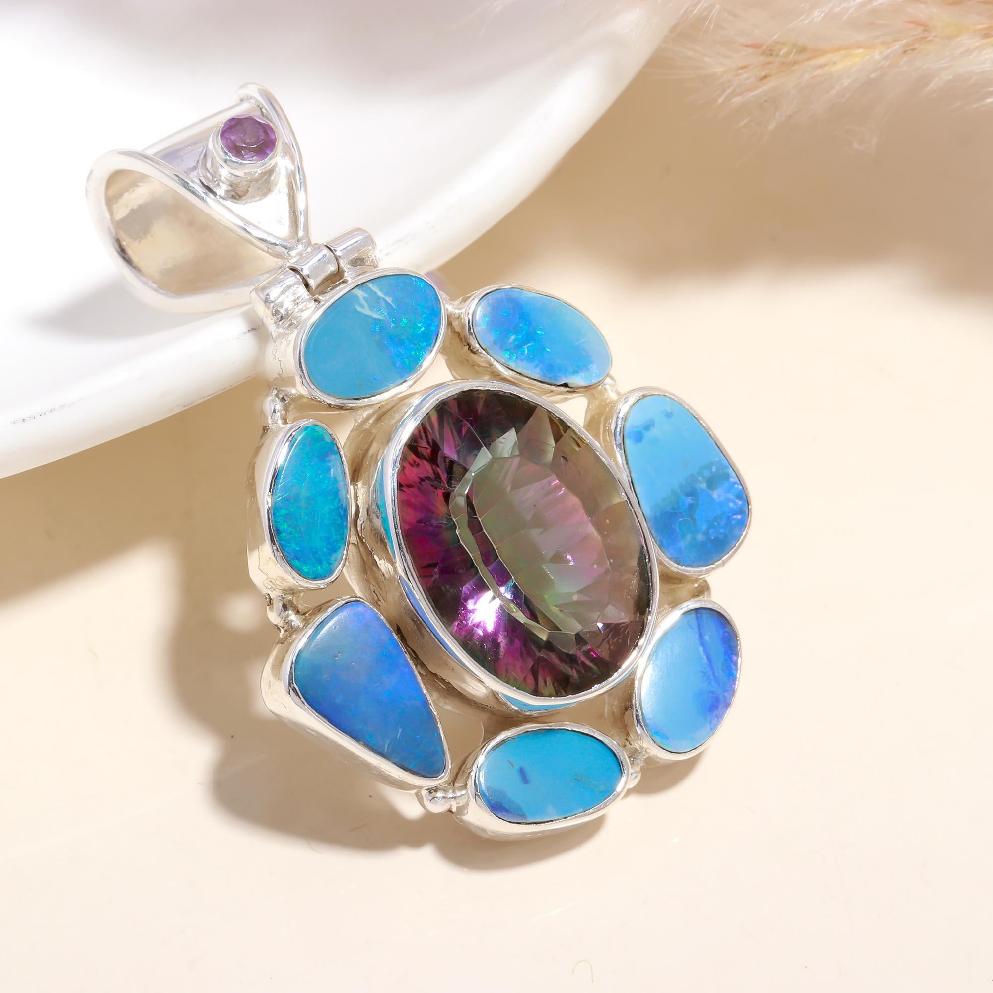 The Opal Bloom: Multi-Stone Floral Silver Pendant