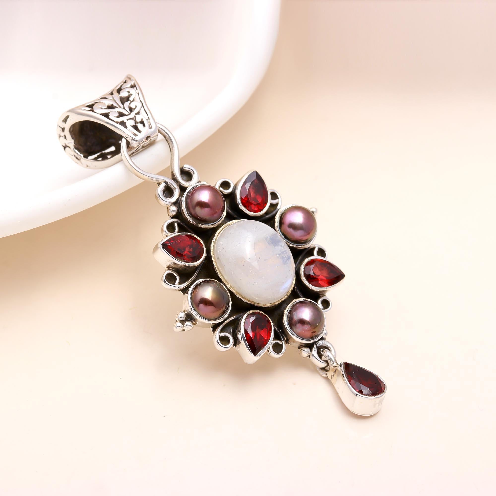 The Moonstone Starburst: Garnet & Pearl Cluster Pendant