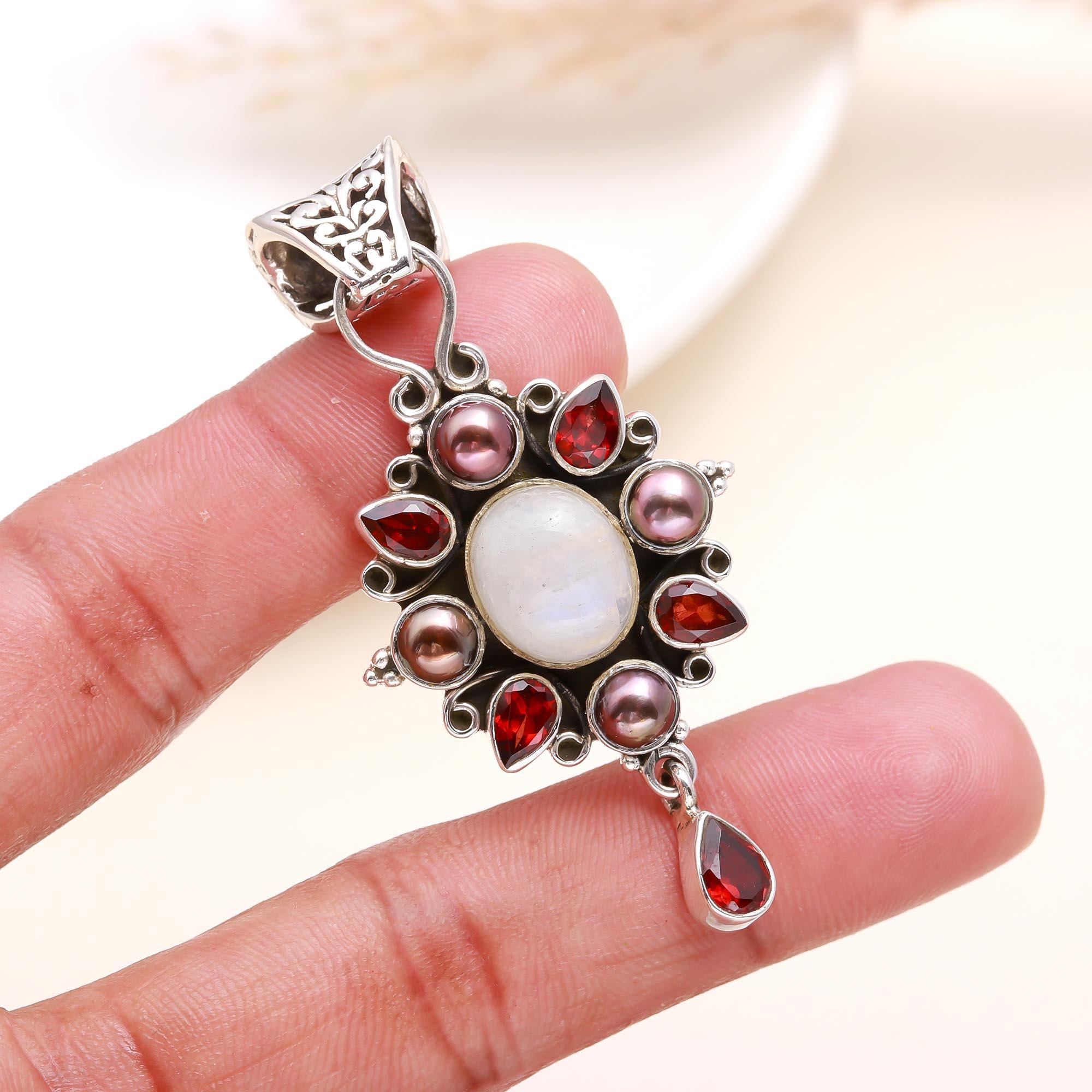 The Moonstone Starburst: Garnet & Pearl Cluster Pendant
