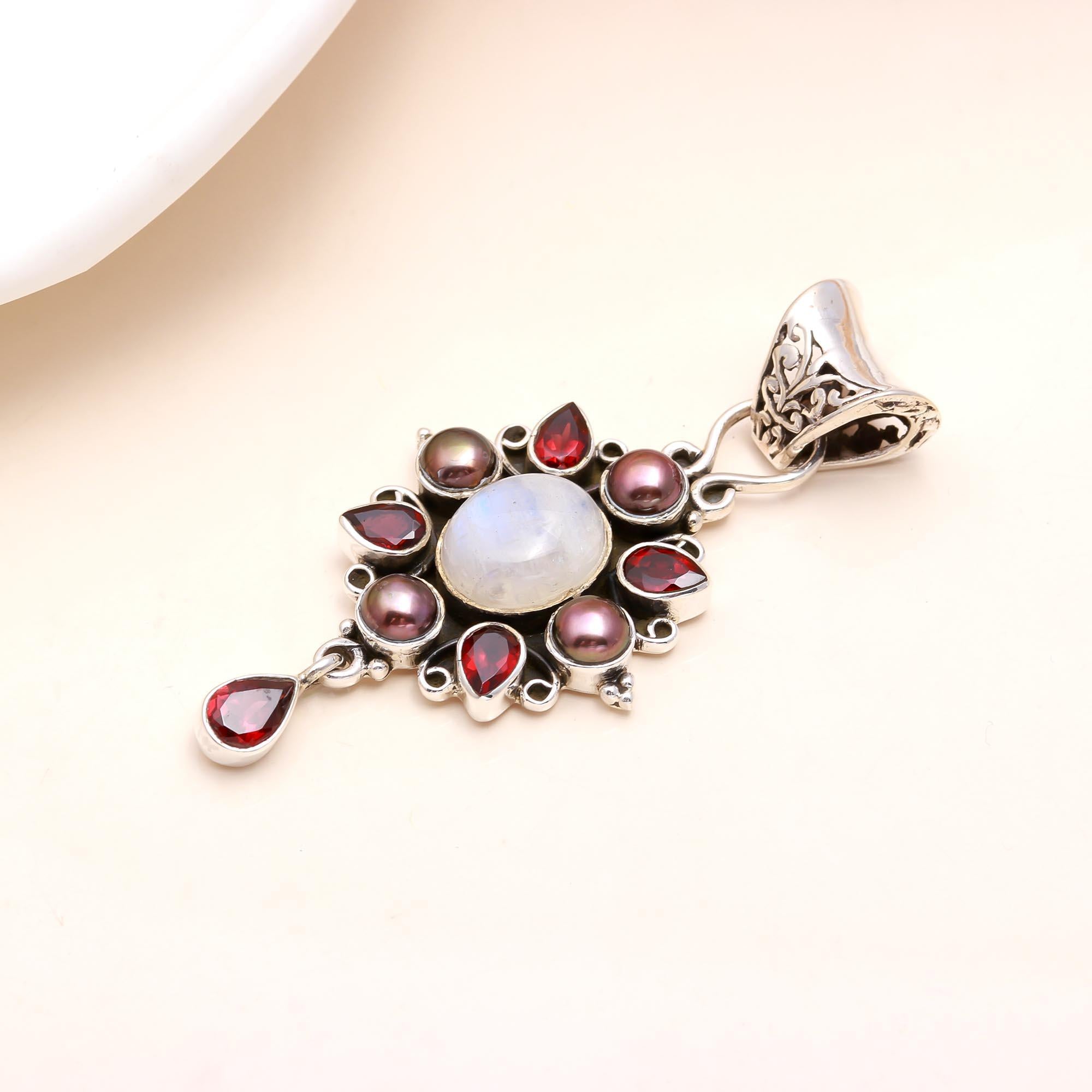 The Moonstone Starburst: Garnet & Pearl Cluster Pendant