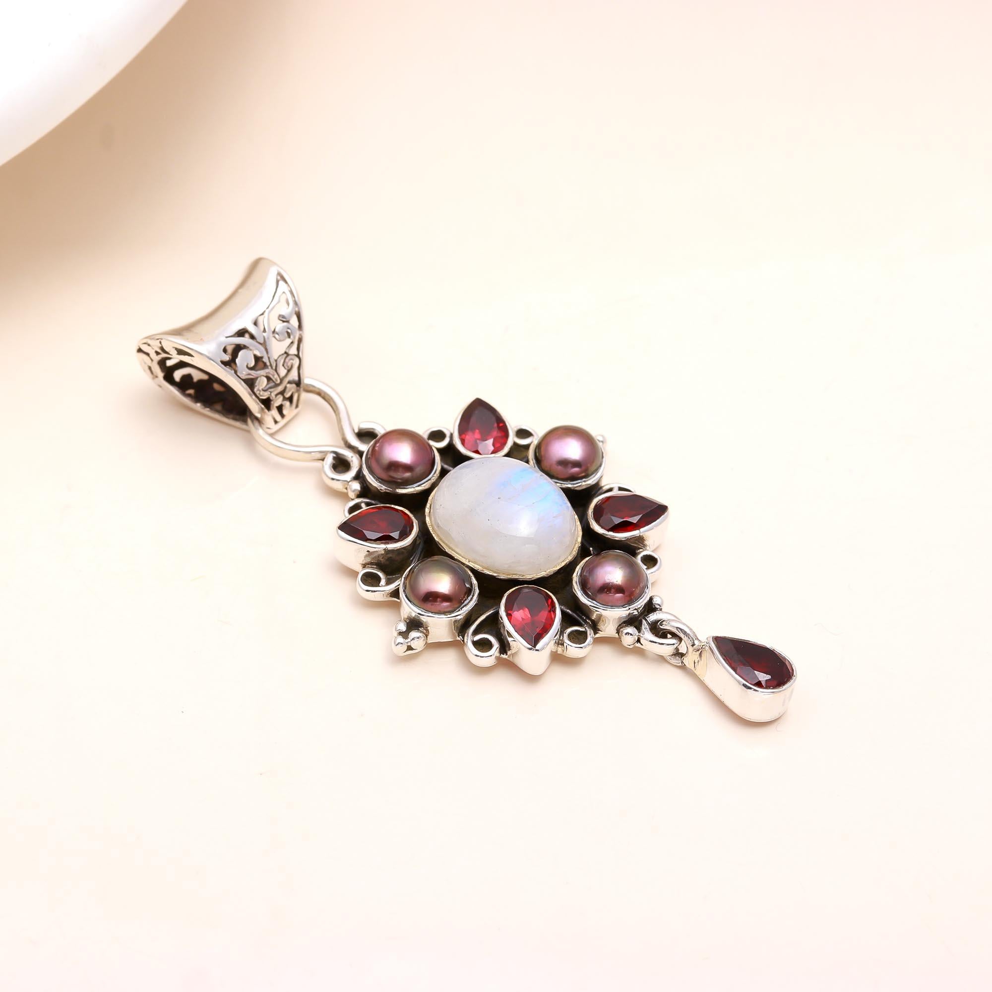 The Moonstone Starburst: Garnet & Pearl Cluster Pendant