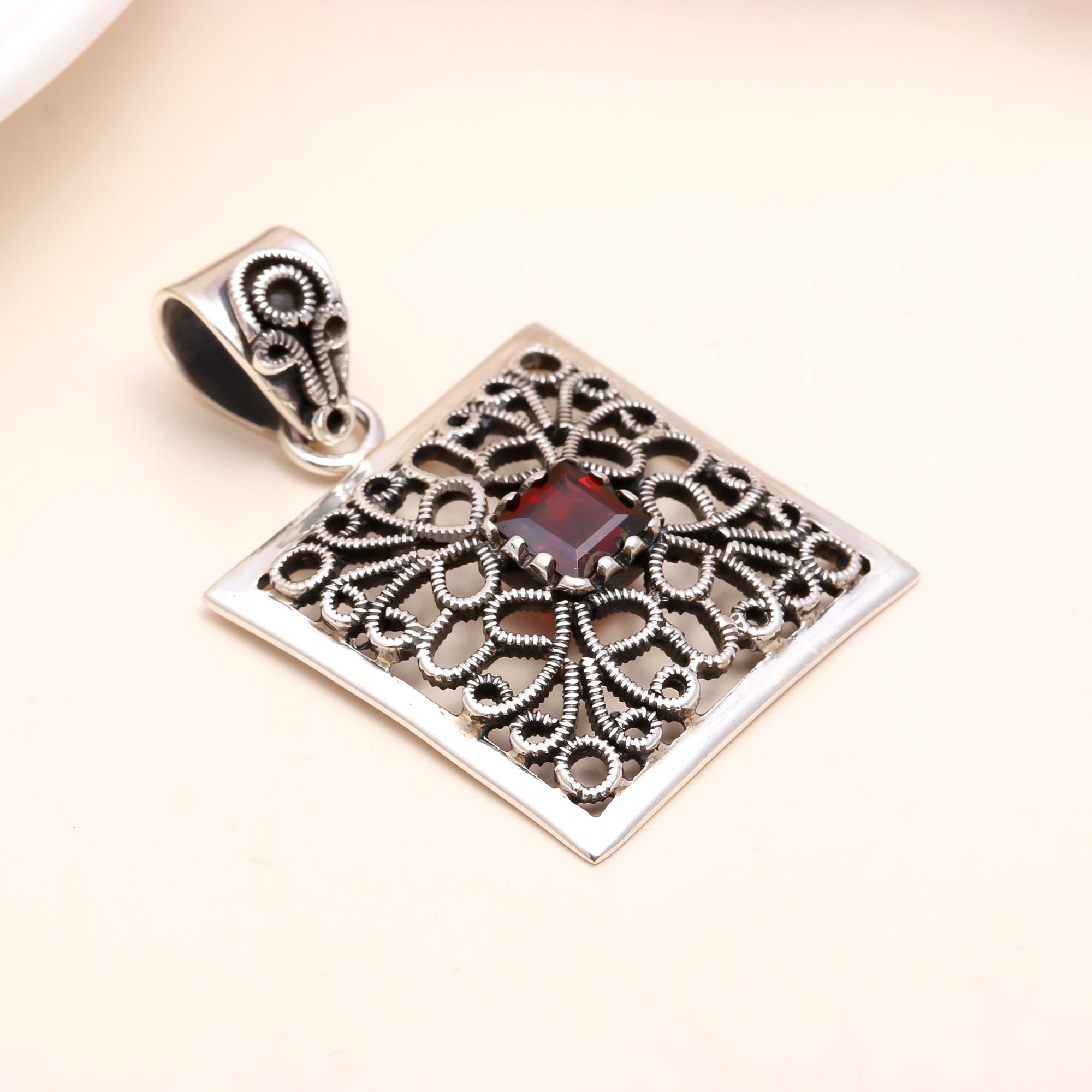 The Mandala Square: Ornate Filigree Silver Pendant