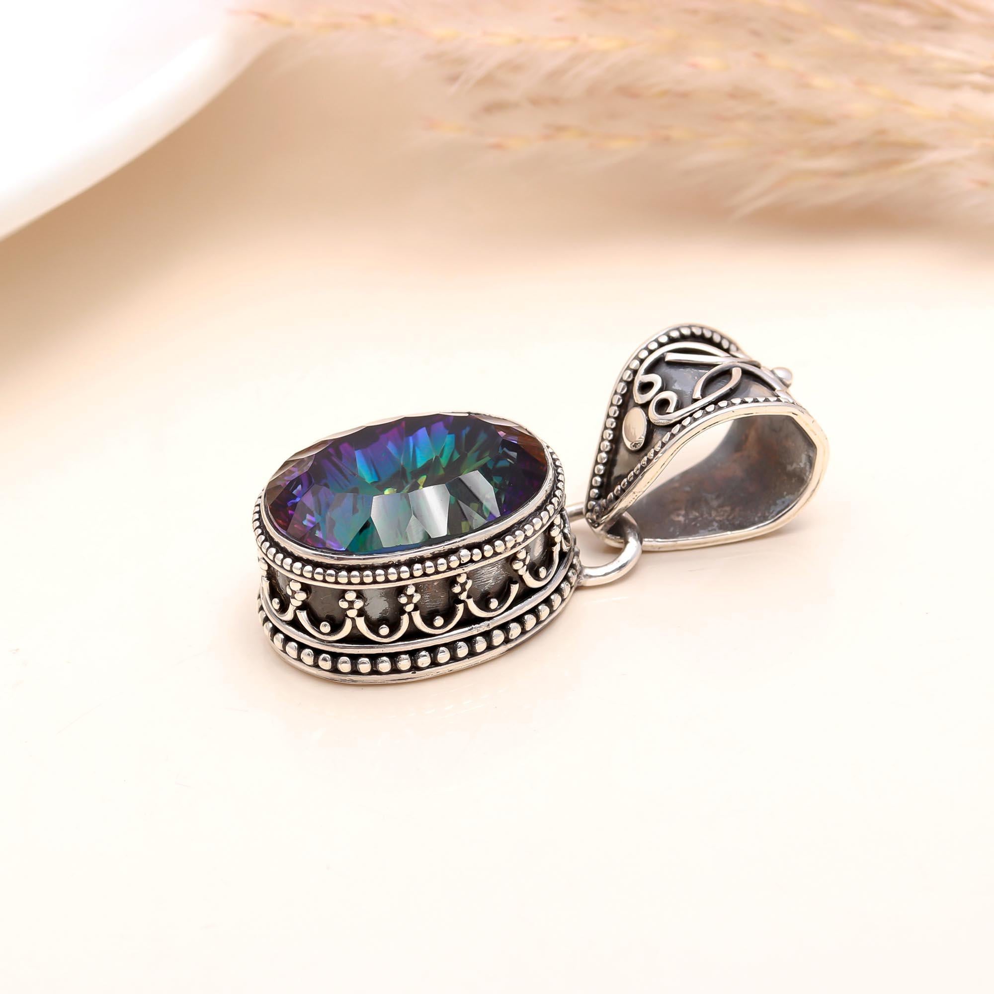 The Mystic Orbit: Mystic Topaz Silver Ornate Pendant