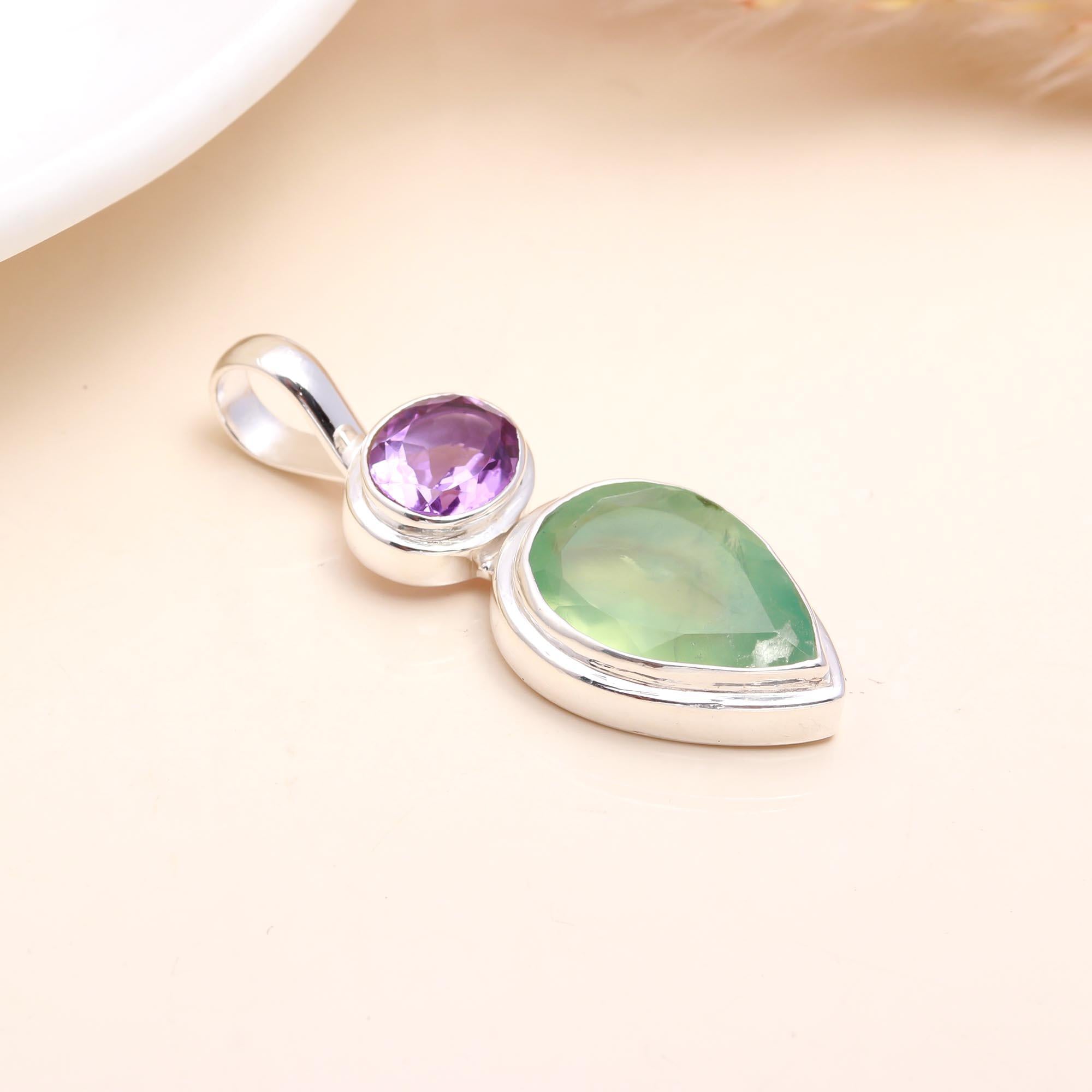 The Pastel Duo: Amethyst & Prehnite Silver Pendant