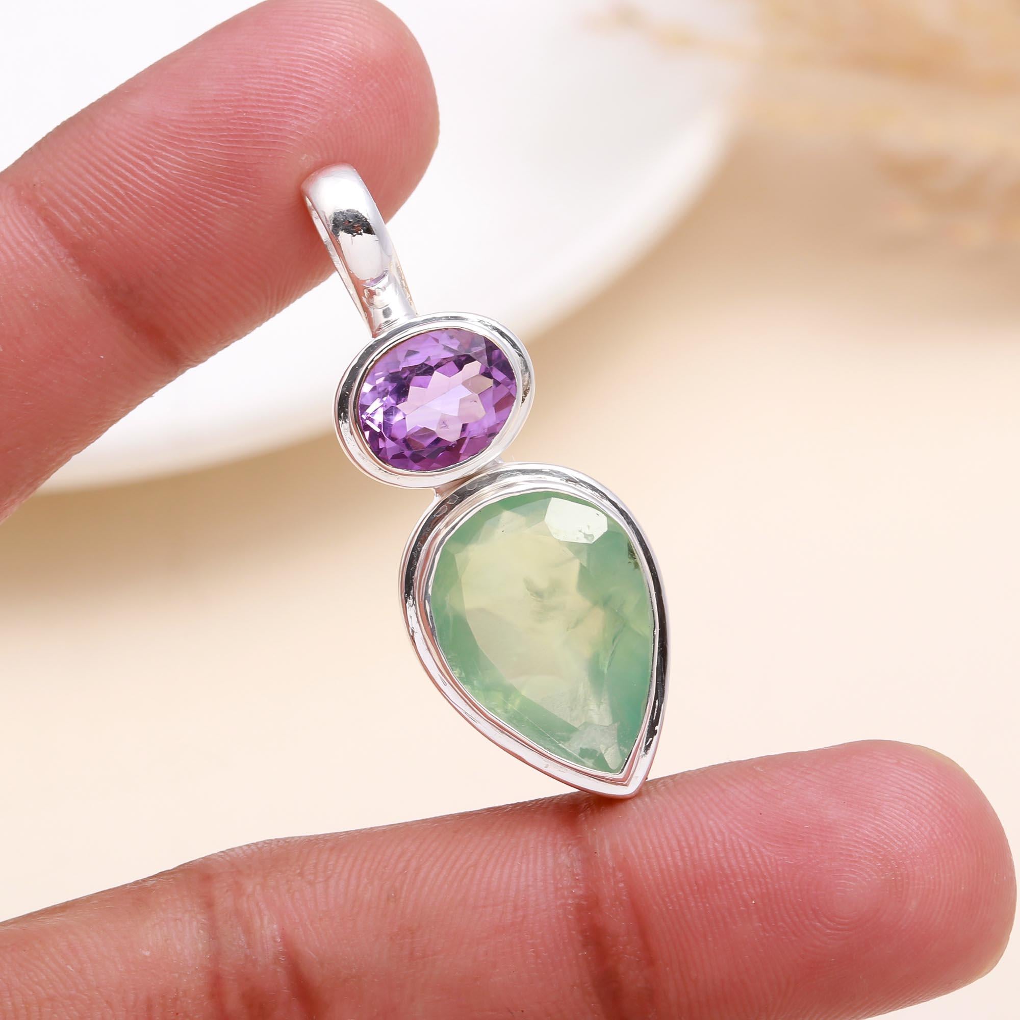 The Pastel Duo: Amethyst & Prehnite Silver Pendant